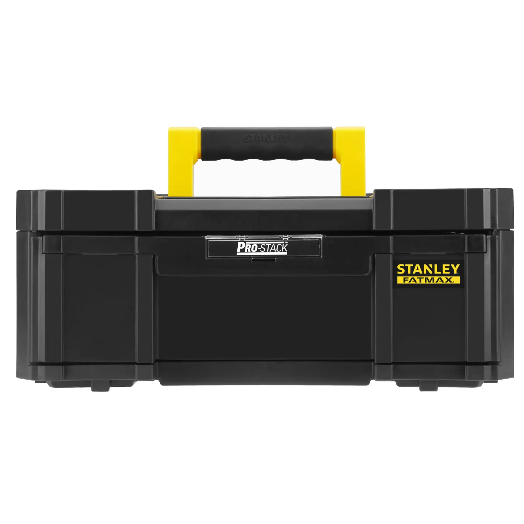 STANLEY FMST1-71968 black tool box with yellow handle, front view, Pro-Stack Fatmax series.