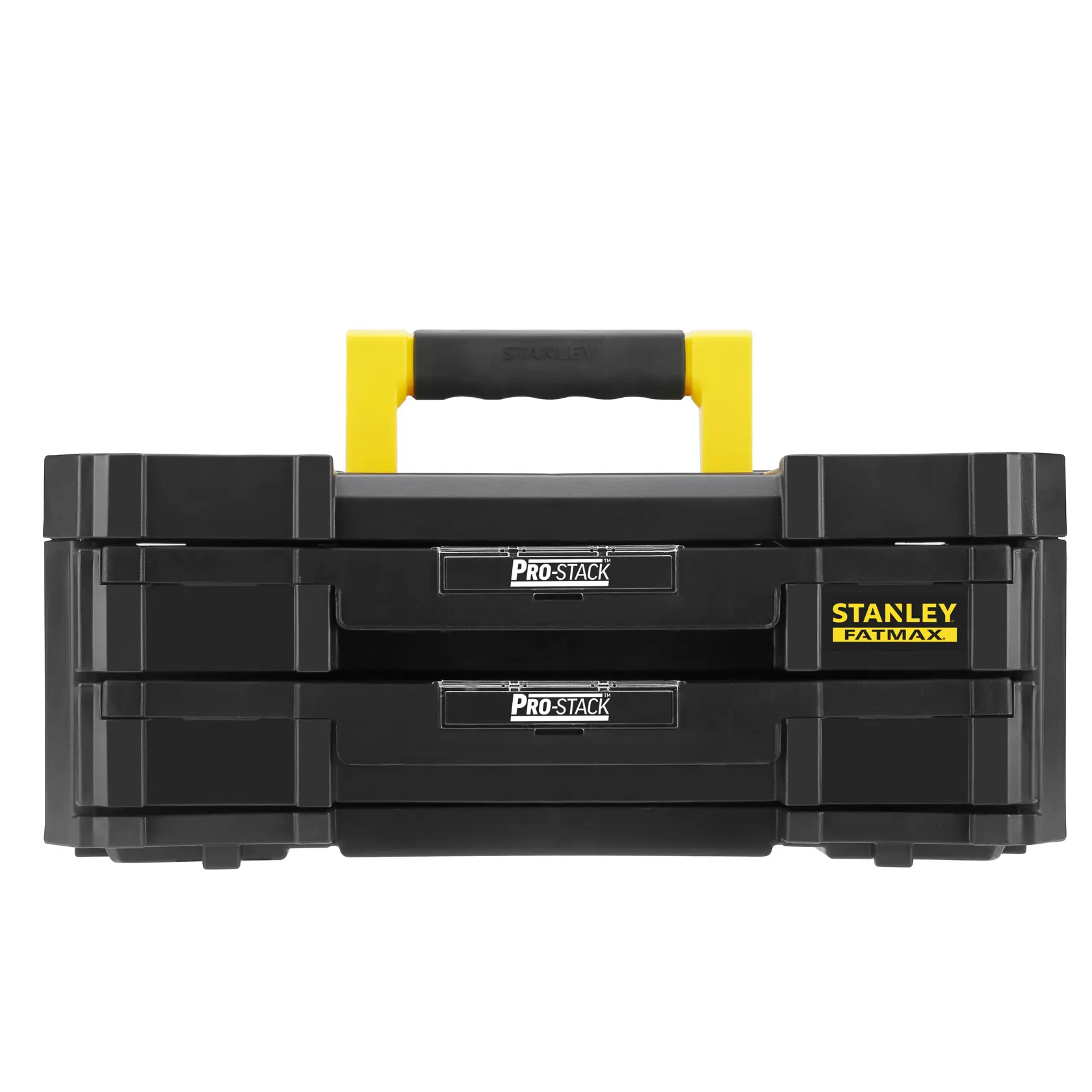 STANLEY FMST1-71969 Pro-Stack Werkzeugkasten schwarz mit zwei Schubladen und gelbem Griff, Vorderansicht.