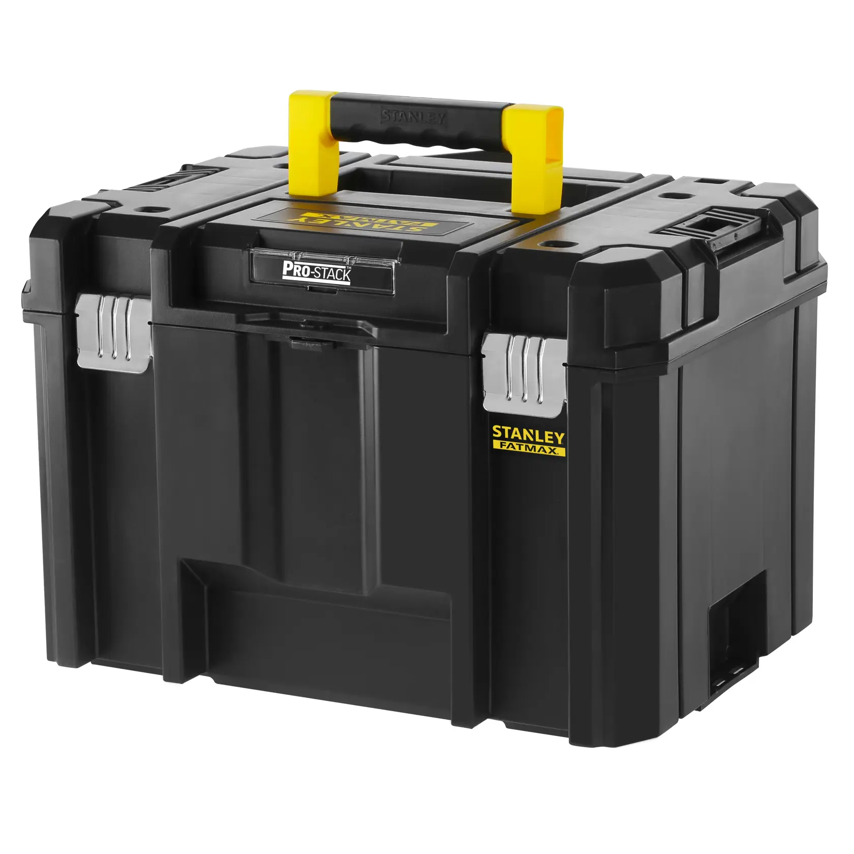STANLEY FMST1-71971 schwarze Werkzeugbox mit gelbem Griff, Metallschließen und robuster Bauweise, schräge Vorderansicht.