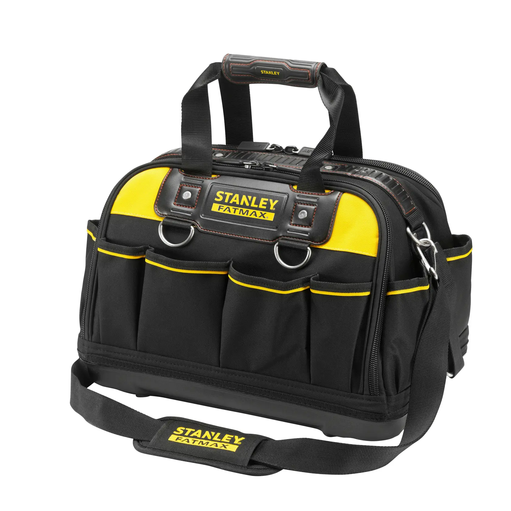 STANLEY FMST1-73607 Werkzeugtasche, schwarz-gelb, mit Schultergurt und mehreren Außentaschen, Frontansicht.
