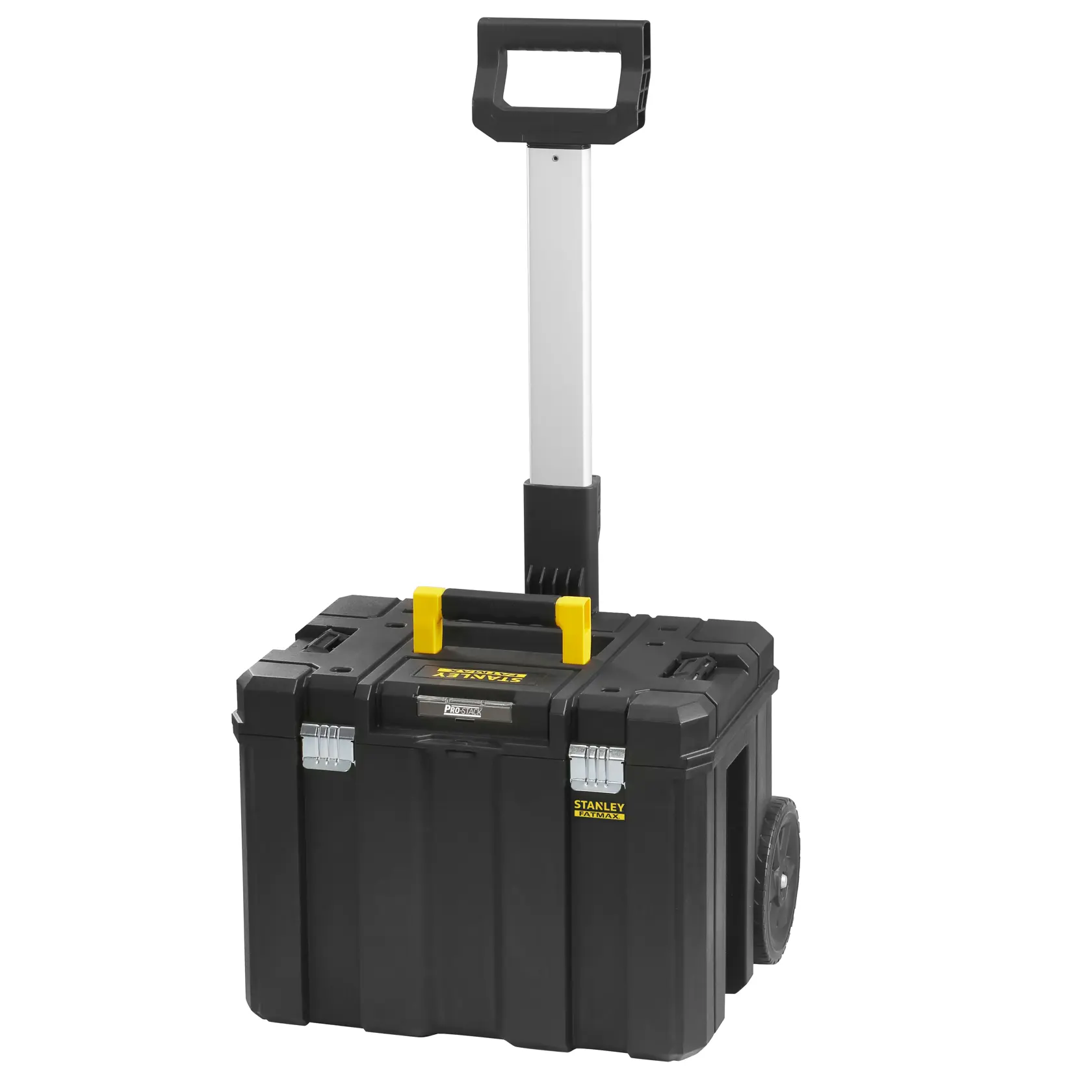 STANLEY FMST1-75753 schwarze Rollwerkzeugbox mit gelbem Griff und Teleskopgriff, Vorderansicht, weißer Hintergrund.