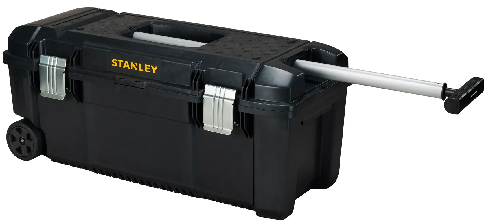 STANLEY FMST1-75761 schwarze Rollwerkzeugbox mit Metallverschlüssen und ausgezogenem Teleskopgriff, Frontansicht auf weiß.