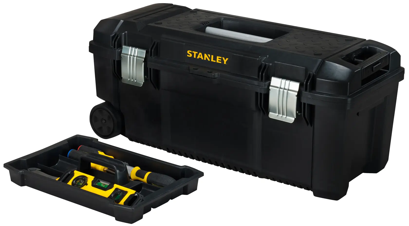 Schwarzer Stanley Werkzeugkasten mit Rädern, Metallverschlüssen und herausnehmbarer Ablage mit Werkzeugen.