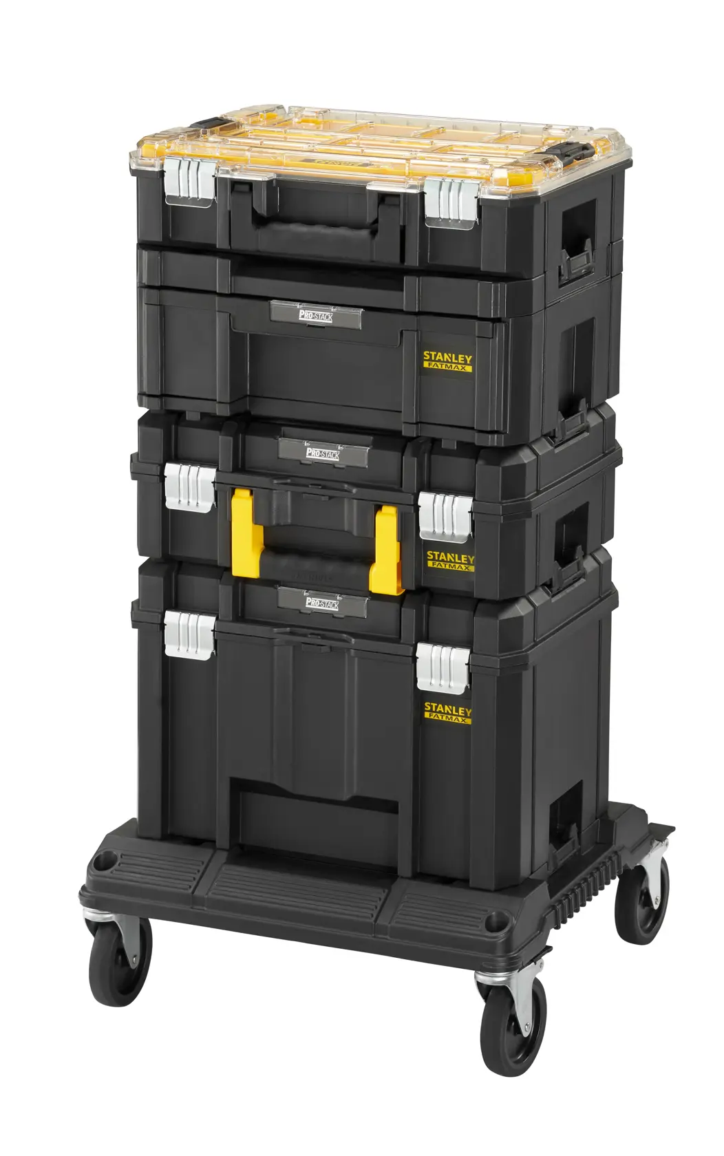 STANLEY FMST1-80107 schwarzer modularer Rollwerkzeugkasten, Frontansicht auf weißem Hintergrund.