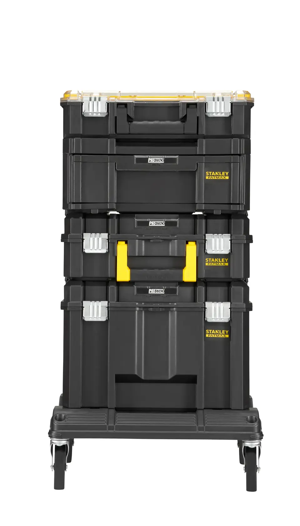 STANLEY FMST1-80107 Fotografie von stapelbaren schwarzen Werkzeugkisten mit gelben Akzenten, Vorderansicht auf Weiß.