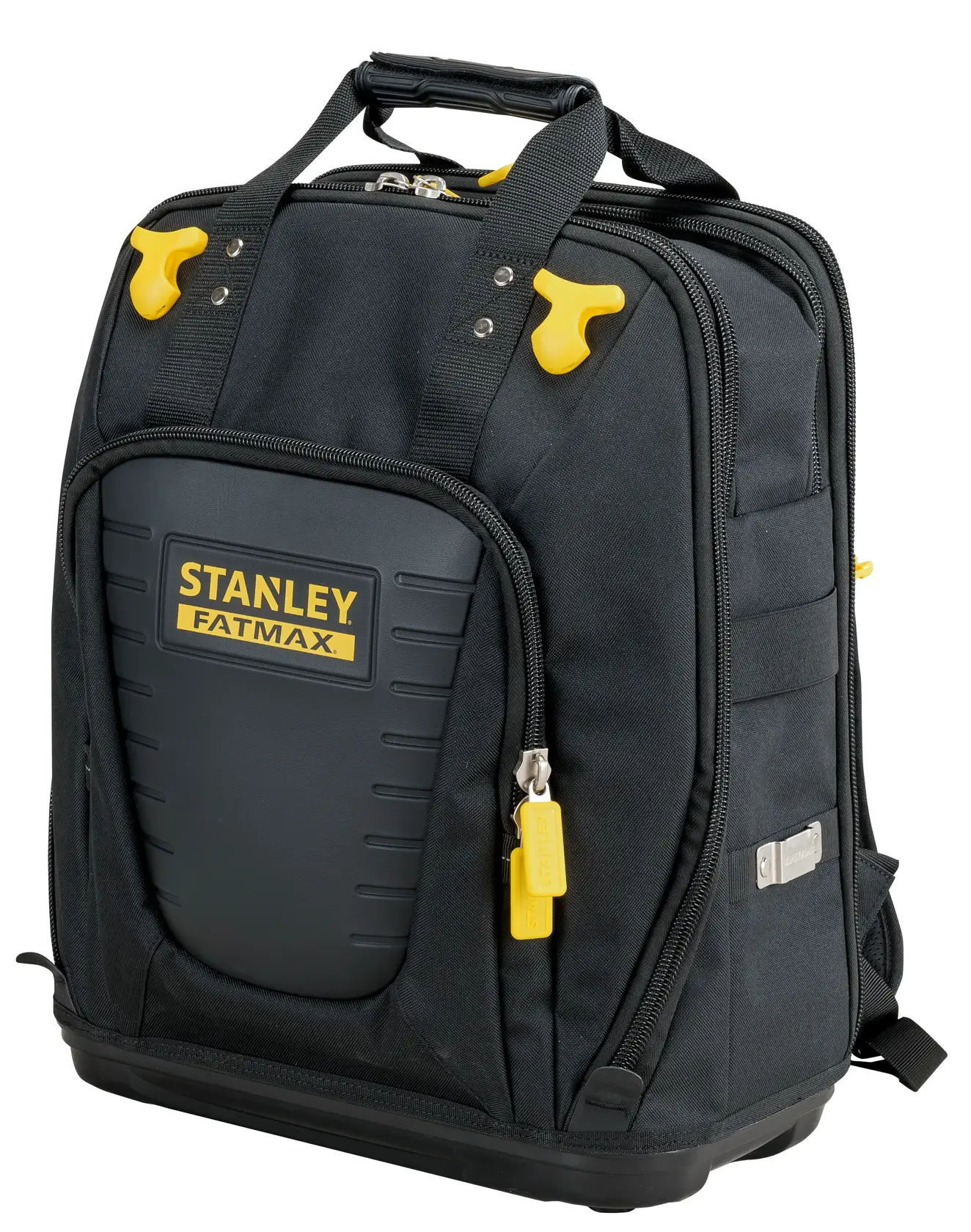 Foto des STANLEY FMST1-80144 Werkzeugrucksacks, schwarz mit gelben Akzenten, Hartfront, Vorderansicht auf weißem Hintergrund.