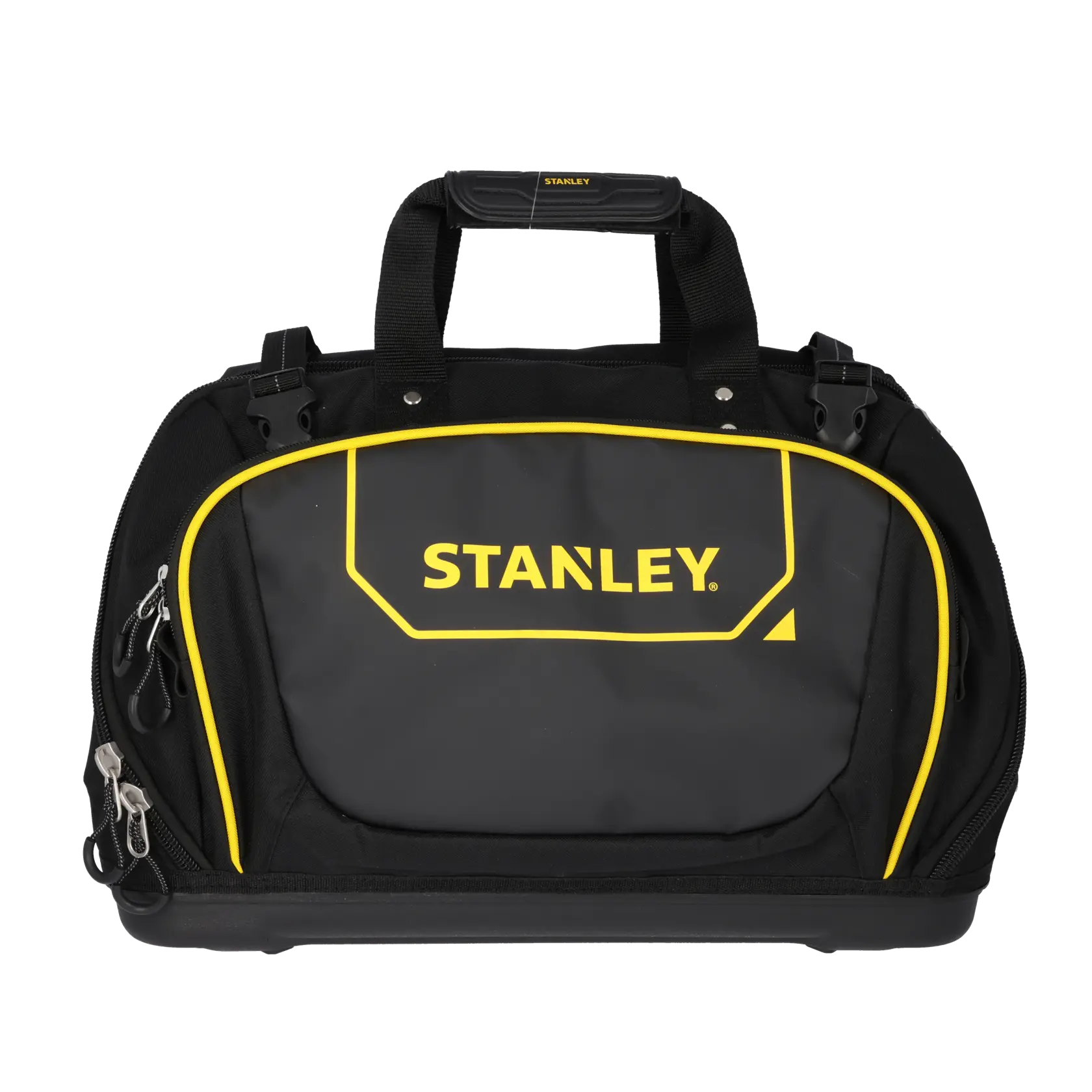 STANLEY FMST1-80147 Werkzeugtasche, schwarz mit gelben Akzenten, Seitenansicht, feste Frontplatte.