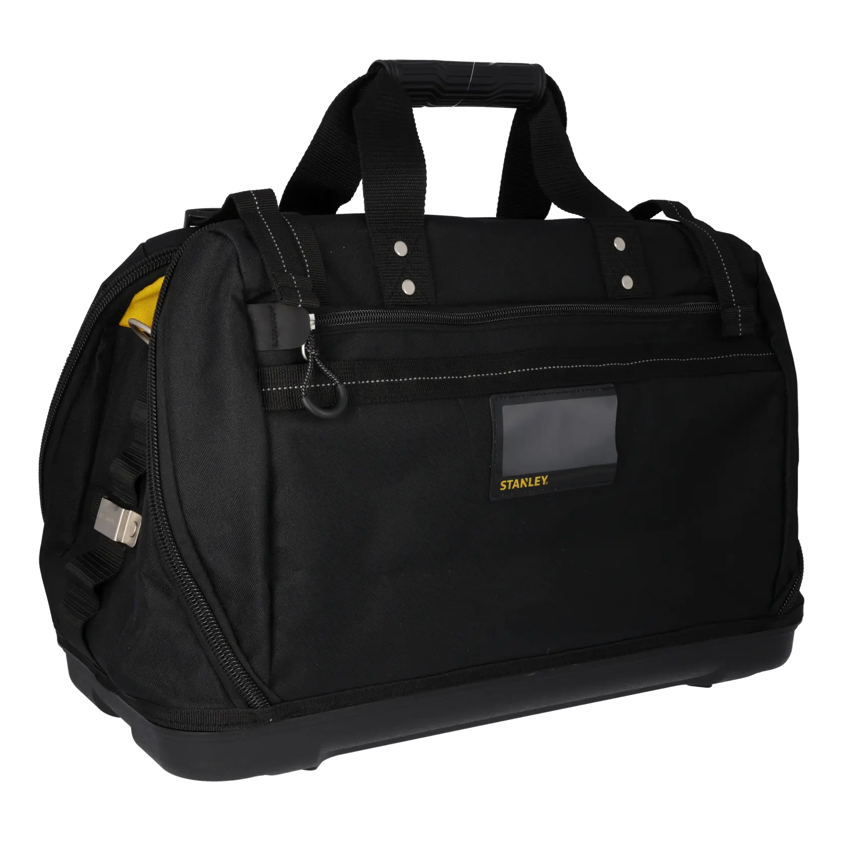 STANLEY FMST1-80147 schwarze Werkzeugtasche mit verstärkten Griffen, Fronttasche, schräg, weißer Hintergrund.