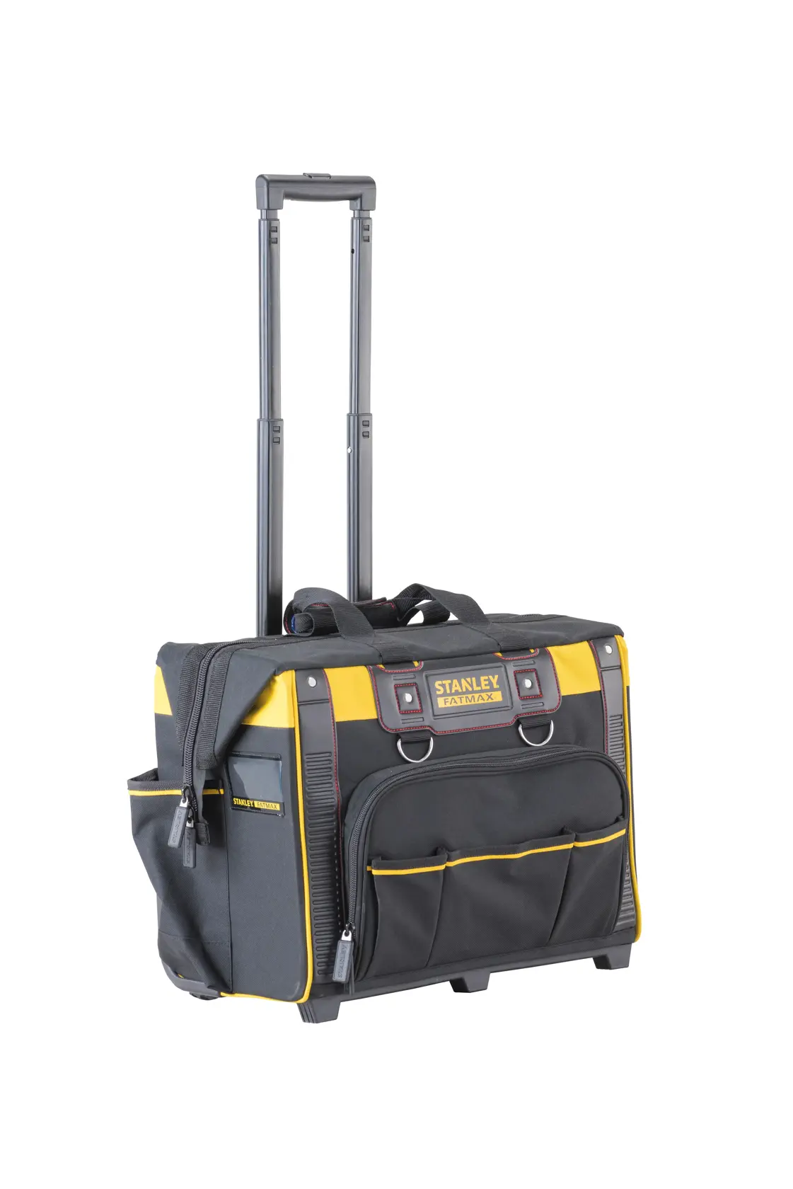 Stanley Fatmax Rollwerkzeugtasche mit Teleskopgriff, schwarz-gelb, Fronttaschen, auf weißem Hintergrund.