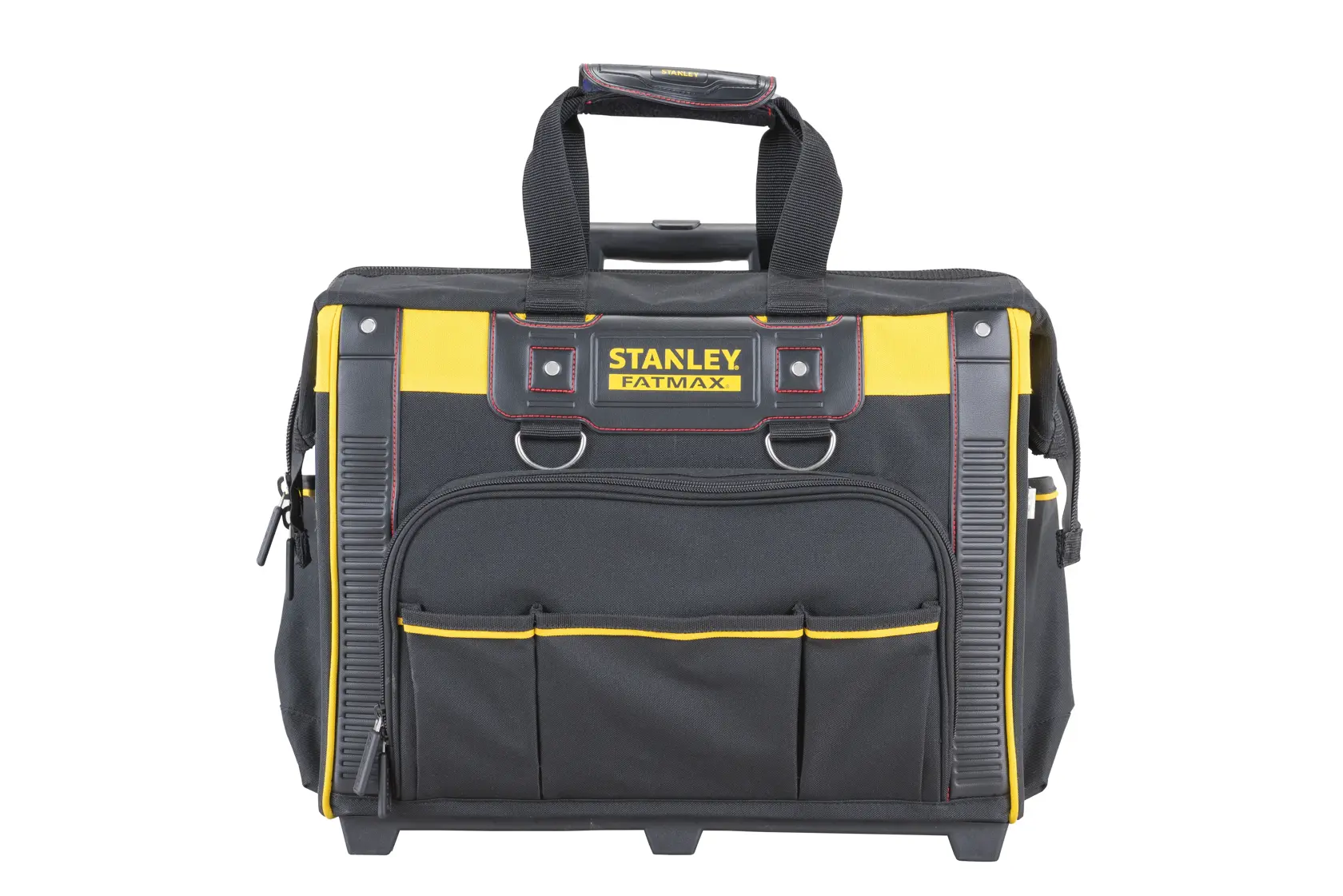 STANLEY FMST1-80148 tool bag, front angle, black and yellow with multiple pockets and sturdy handles.