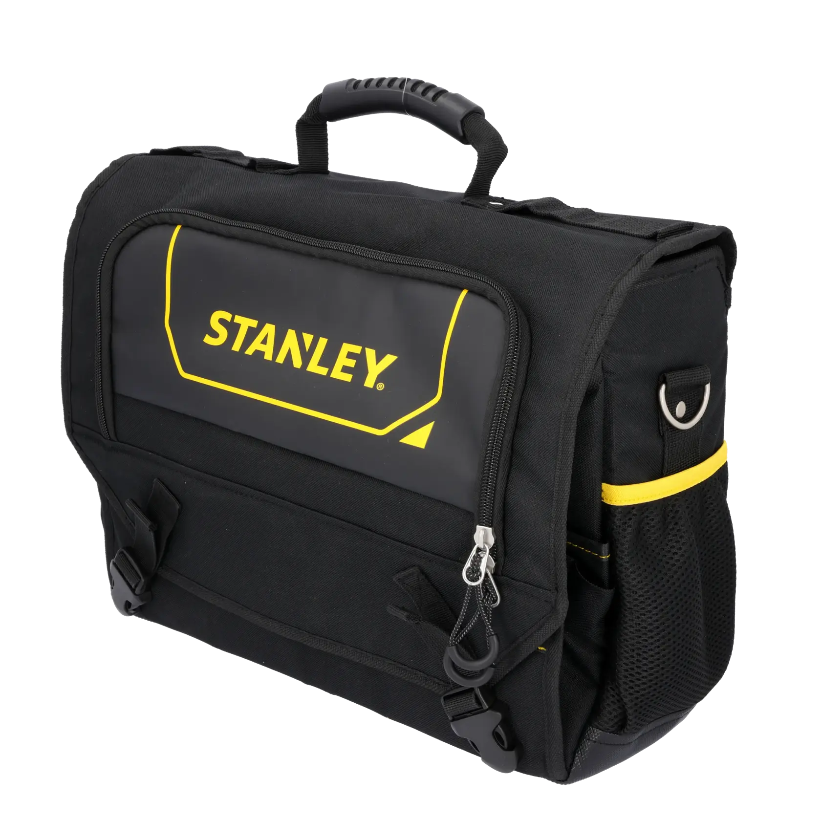 Stanley Fatmax Werkzeugtasche in Schwarz und Gelb mit Griff, Fronttasche und Seitennetztasche.