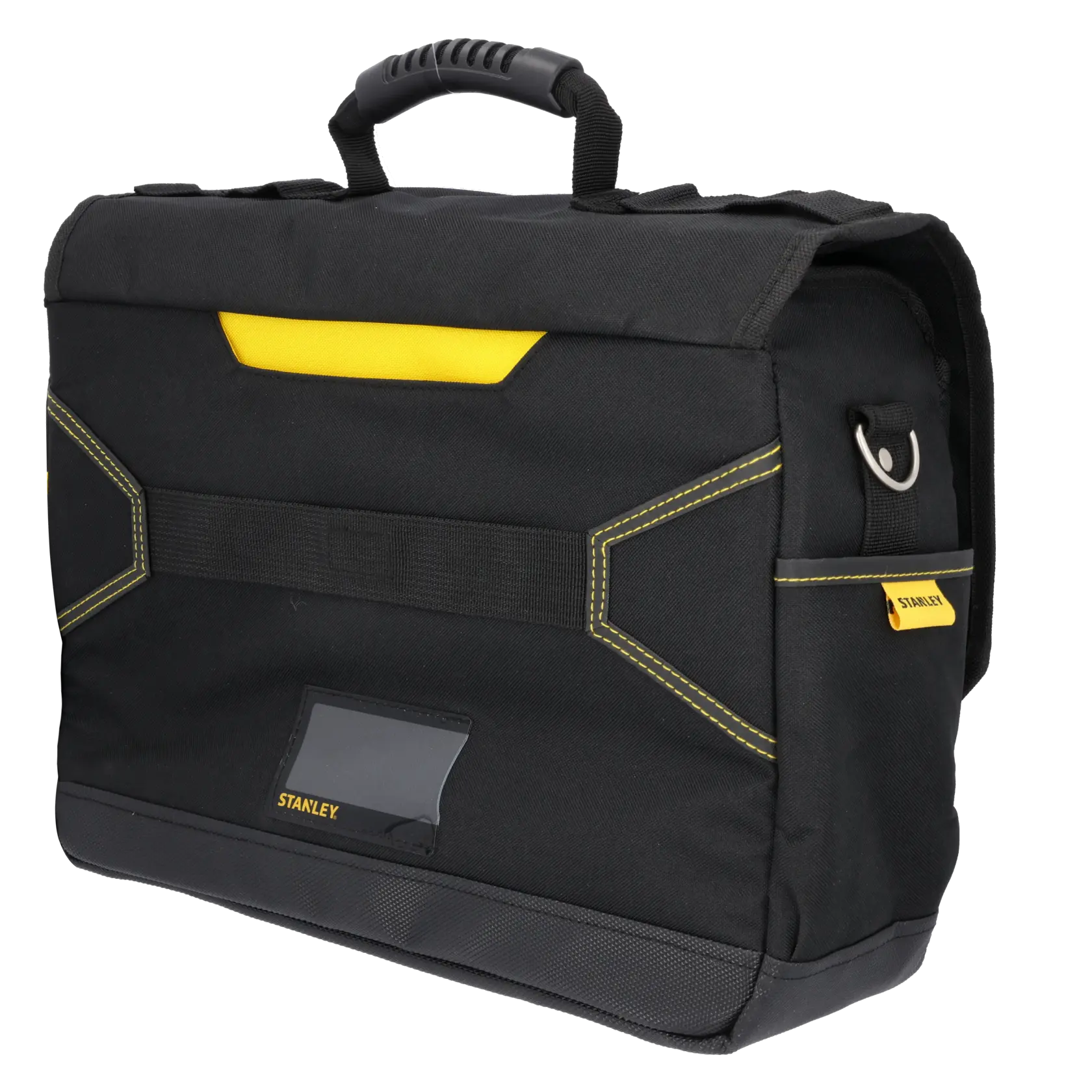 Frontansicht STANLEY FMST1-80149 Werkzeugtasche, schwarz-gelb mit oberem Griff und FATMAX Logo.