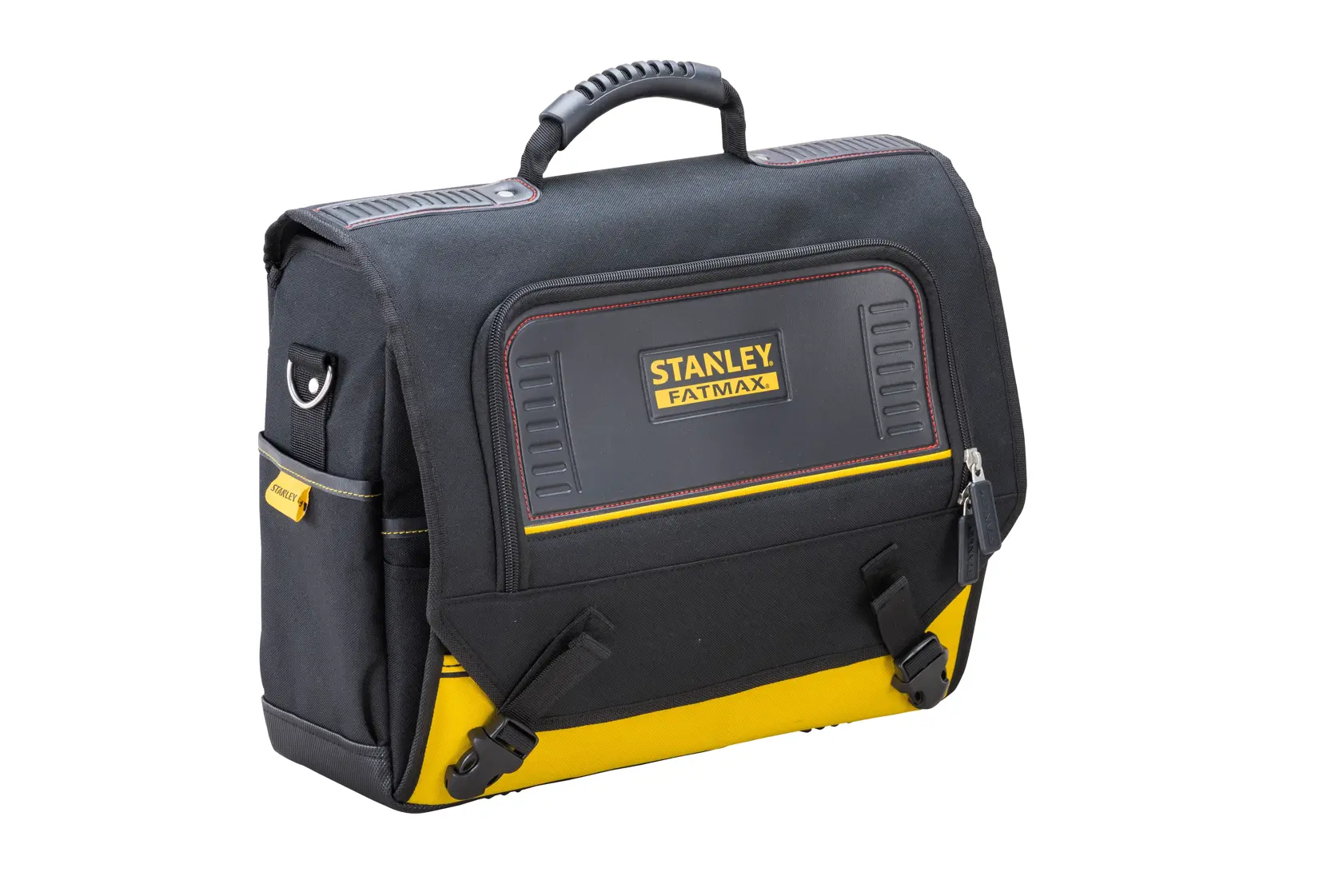 Foto der STANLEY FMST1-80149 Werkzeugtasche, schwarz und gelb, Seitenansicht, mit Griff und Frontklappe.