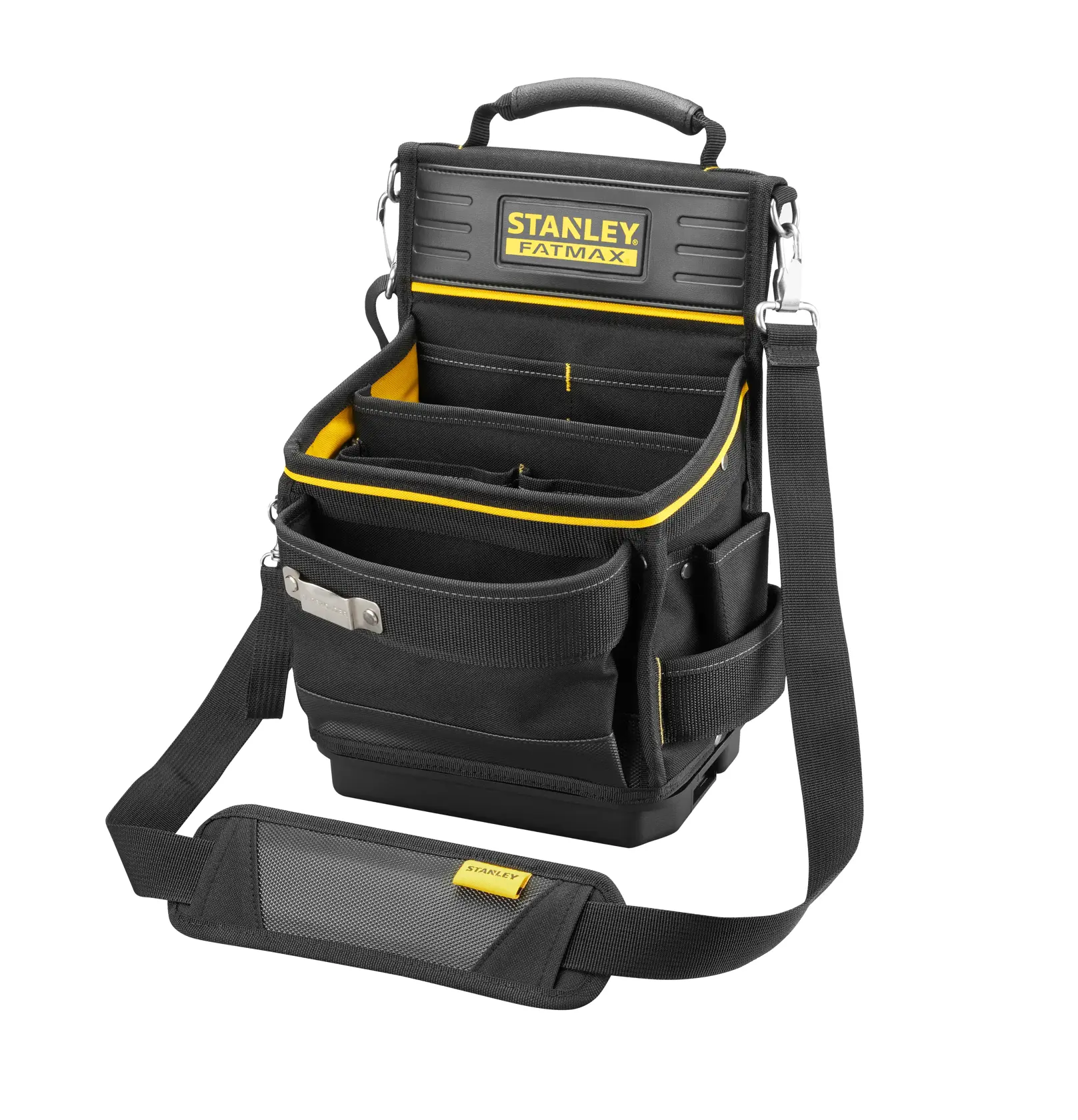 STANLEY FMST17624-1 tool bag, black fabric with yellow trim, open pockets, shoulder strap, front angle on white.