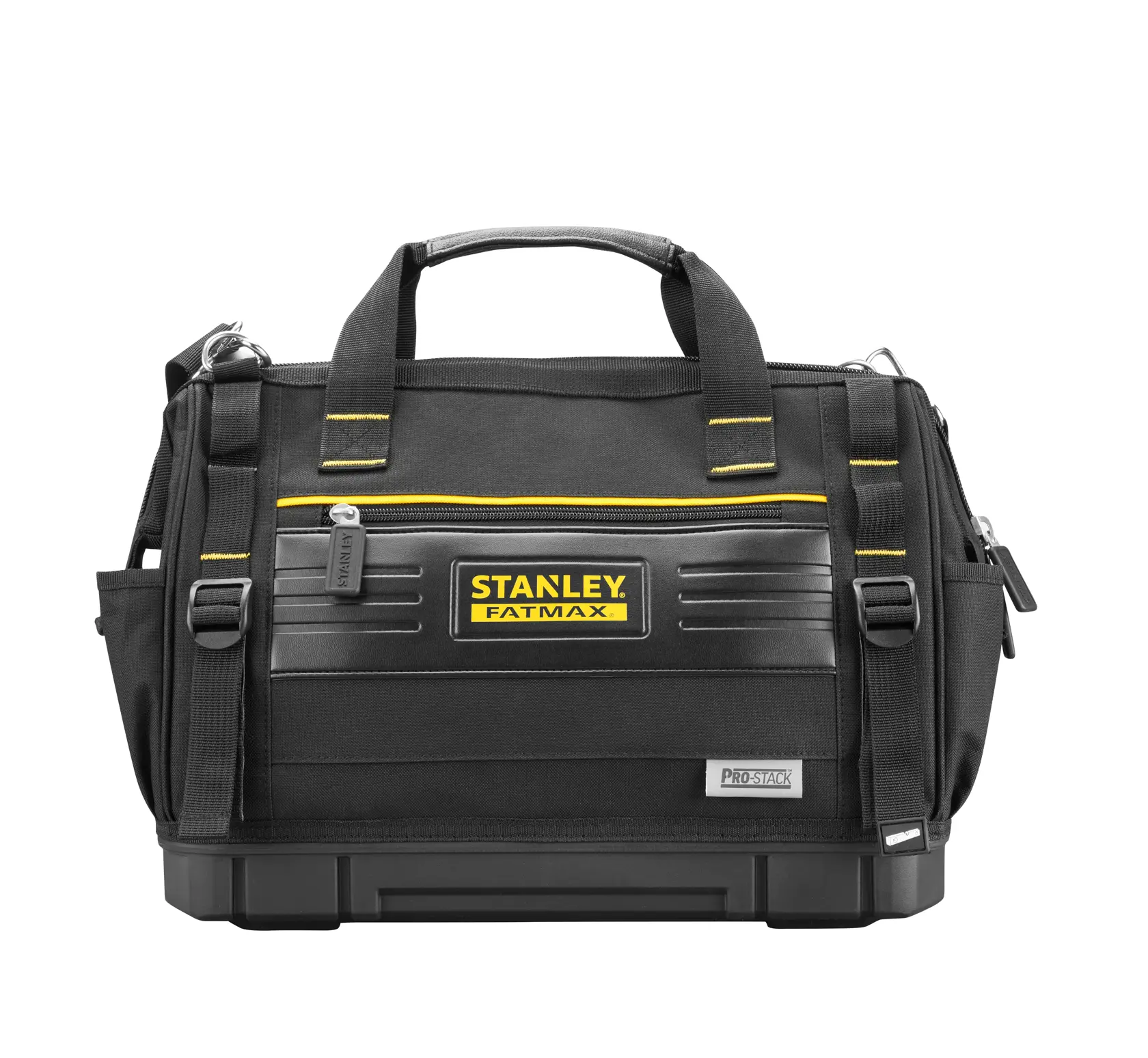 STANLEY FMST17627-1 tool bag, black with yellow accents, front view, Pro-Stack series, durable carry handles.