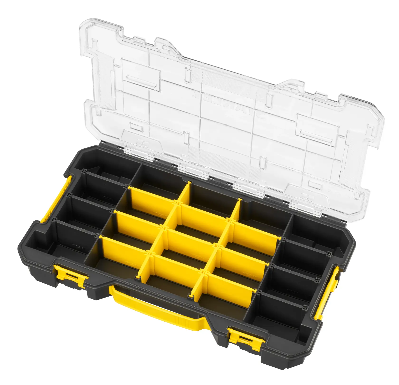 STANLEY FMST17838-1 Organizerbox mit gelbem Griff und Trennwänden, durchsichtigem Deckel, Draufsicht.