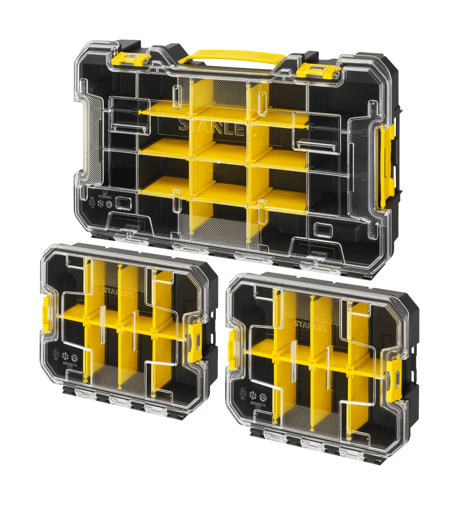 STANLEY FMST61150-1 Set mit drei Organizer-Boxen mit durchsichtigem Deckel und gelben Trennwänden, Studioansicht.