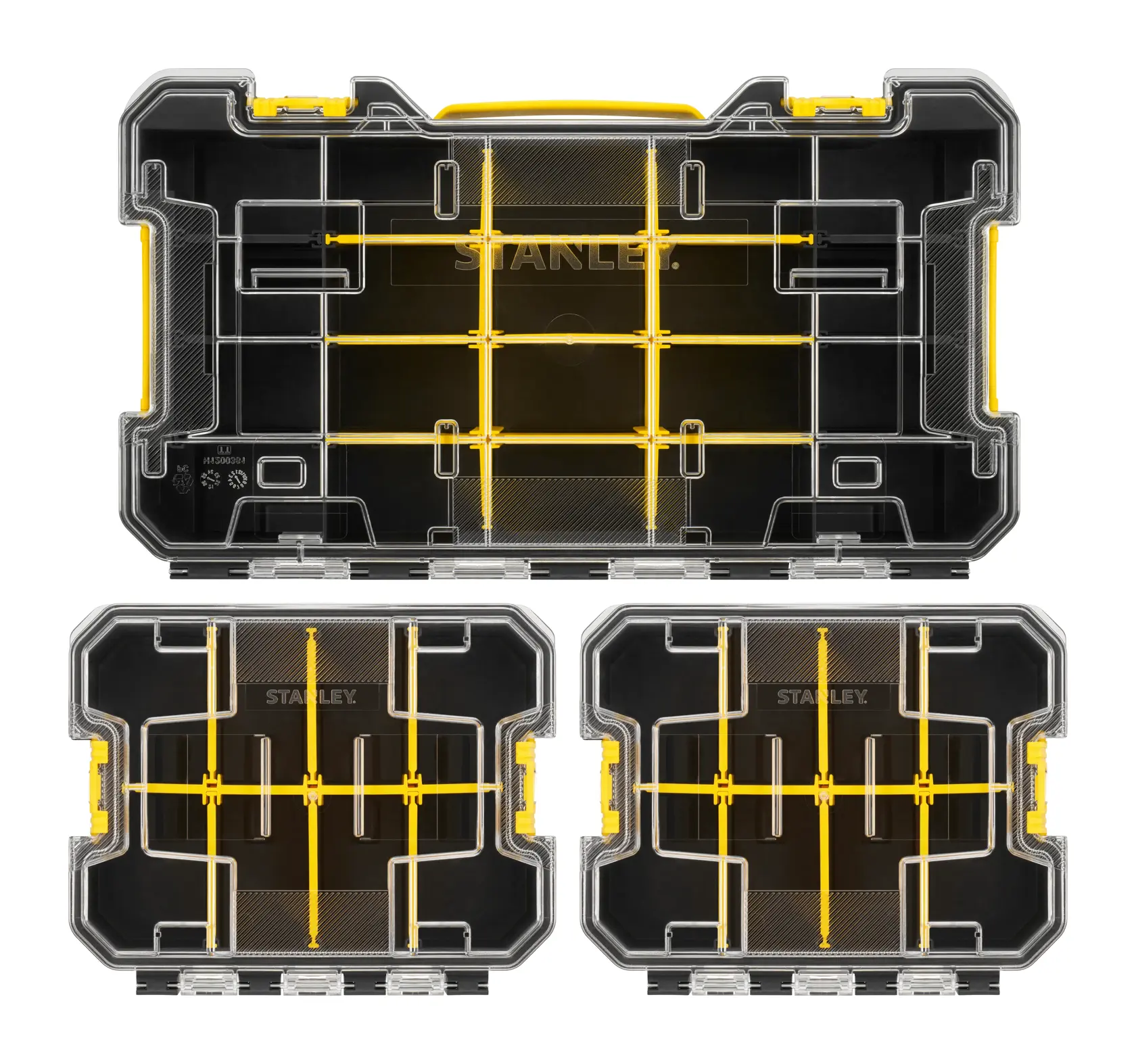 STANLEY FMST61150-1 Set mit drei stapelbaren schwarzen und gelben Organizerboxen, Aufsicht, mit transparenten Deckeln.