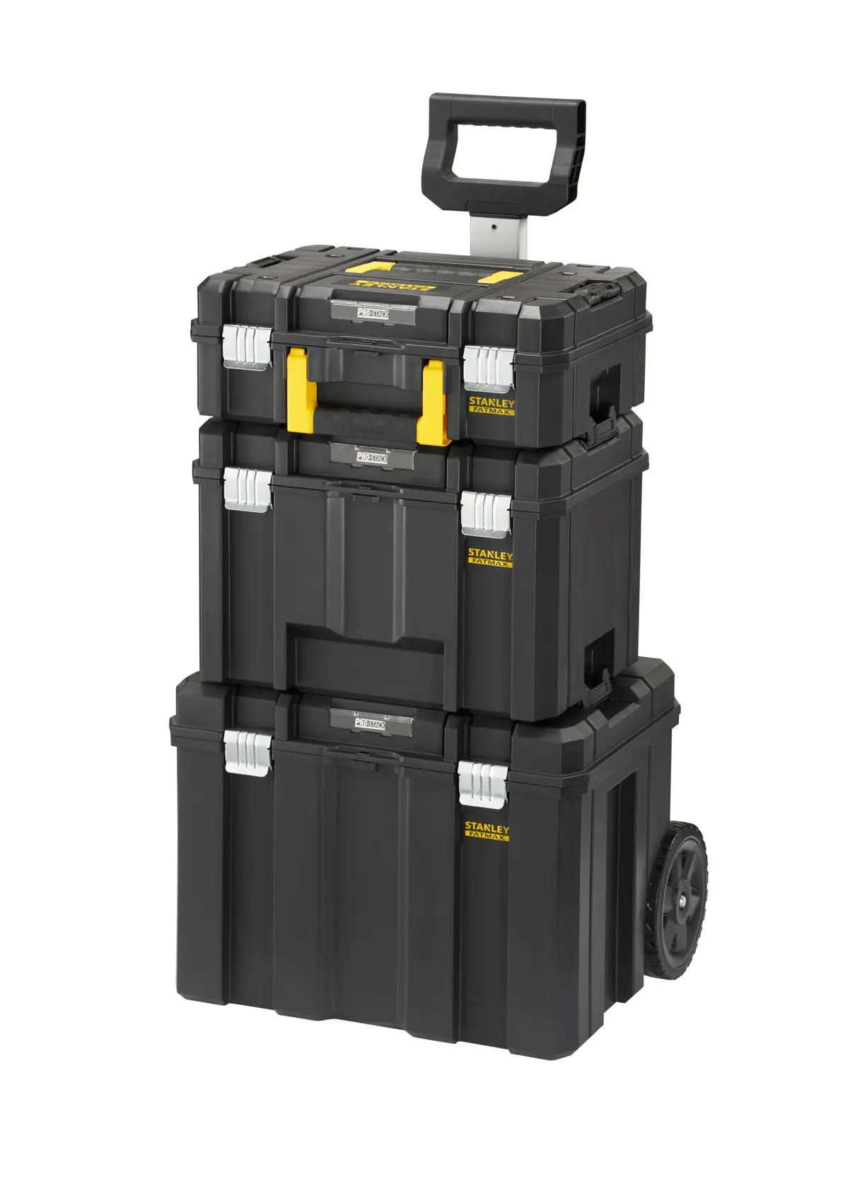 STANLEY FMST75753-9 stapelbarer schwarzer Werkzeugkoffer-Trolley mit Rädern und gelben Riegeln, Frontansicht.