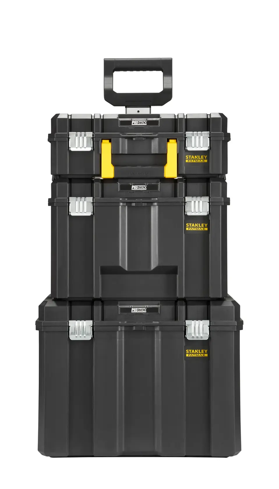 Stanley FMST75753-9 stapelbare schwarze Werkzeugkisten mit Griff, Vorderansicht, Fotografie.