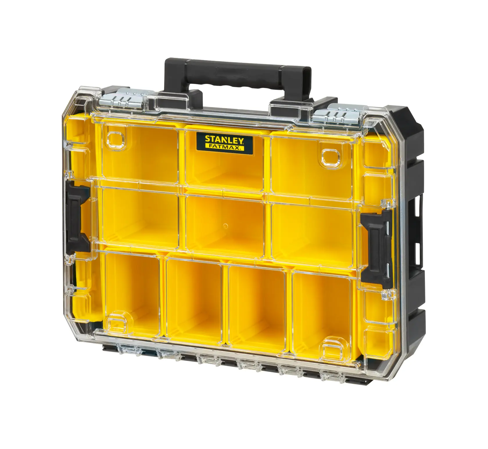 STANLEY FMST82967-1 gelber Organizer mit Klarsichtdeckel und schwarzem Griff, Vorderansicht.