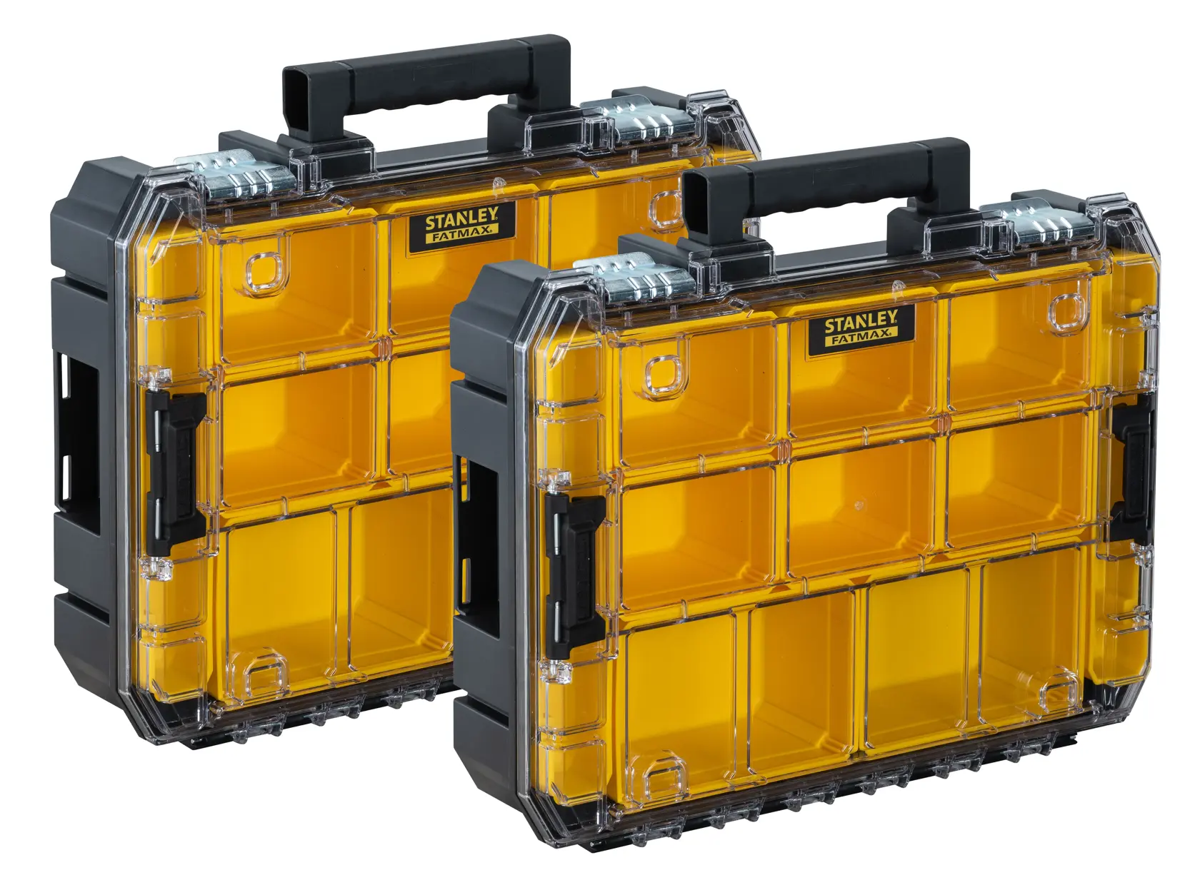 STANLEY FMST82967-9 photography of two yellow and black FatMax organizer cases, angled view on white background.