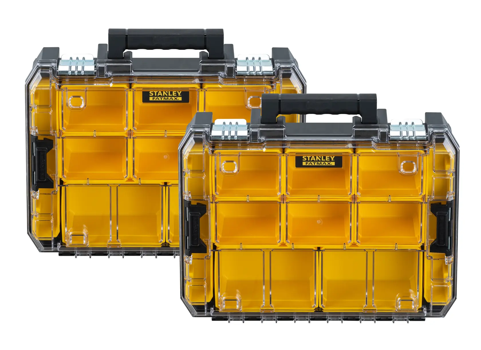 STANLEY FMST82967-9 organizer set, yellow compartments, black handles, front angle, white background.