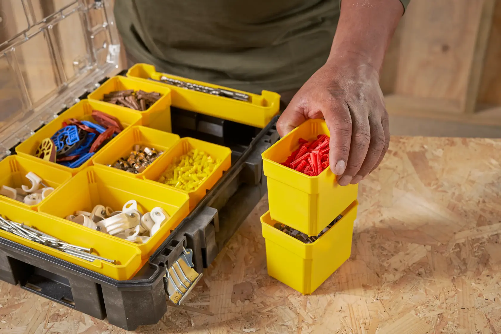 STANLEY FMST82967-9 organizer photography, yellow stackable bins filled with assorted hardware, top angle.