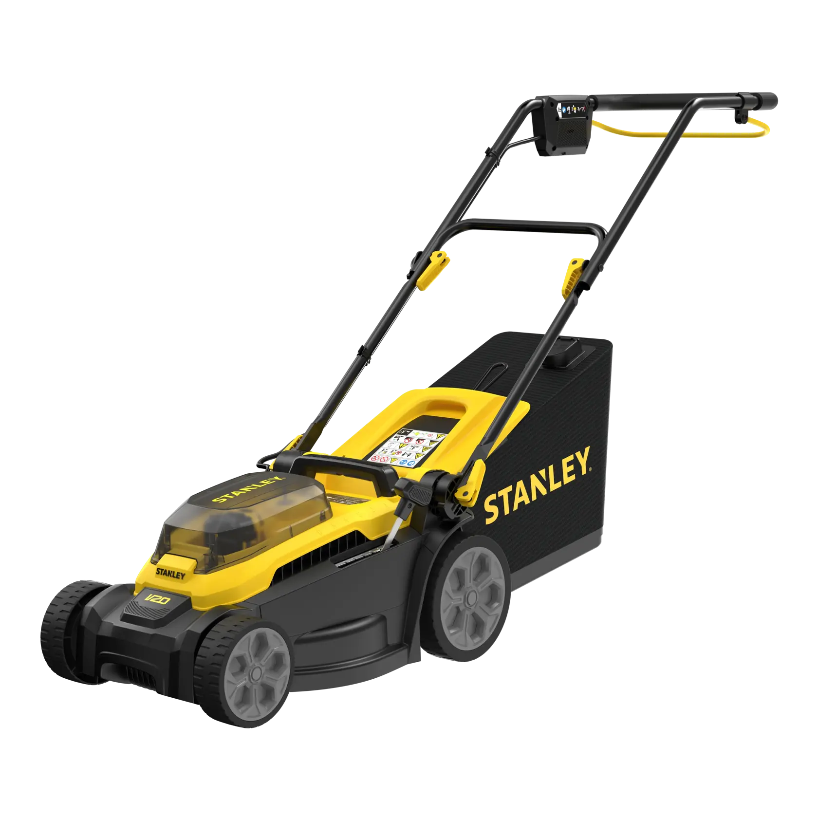 STANLEY SCMWP3401M1-XE Akku-Rasenmäher, schwarz-gelb, Seitenansicht, mit Grasfangkorb.