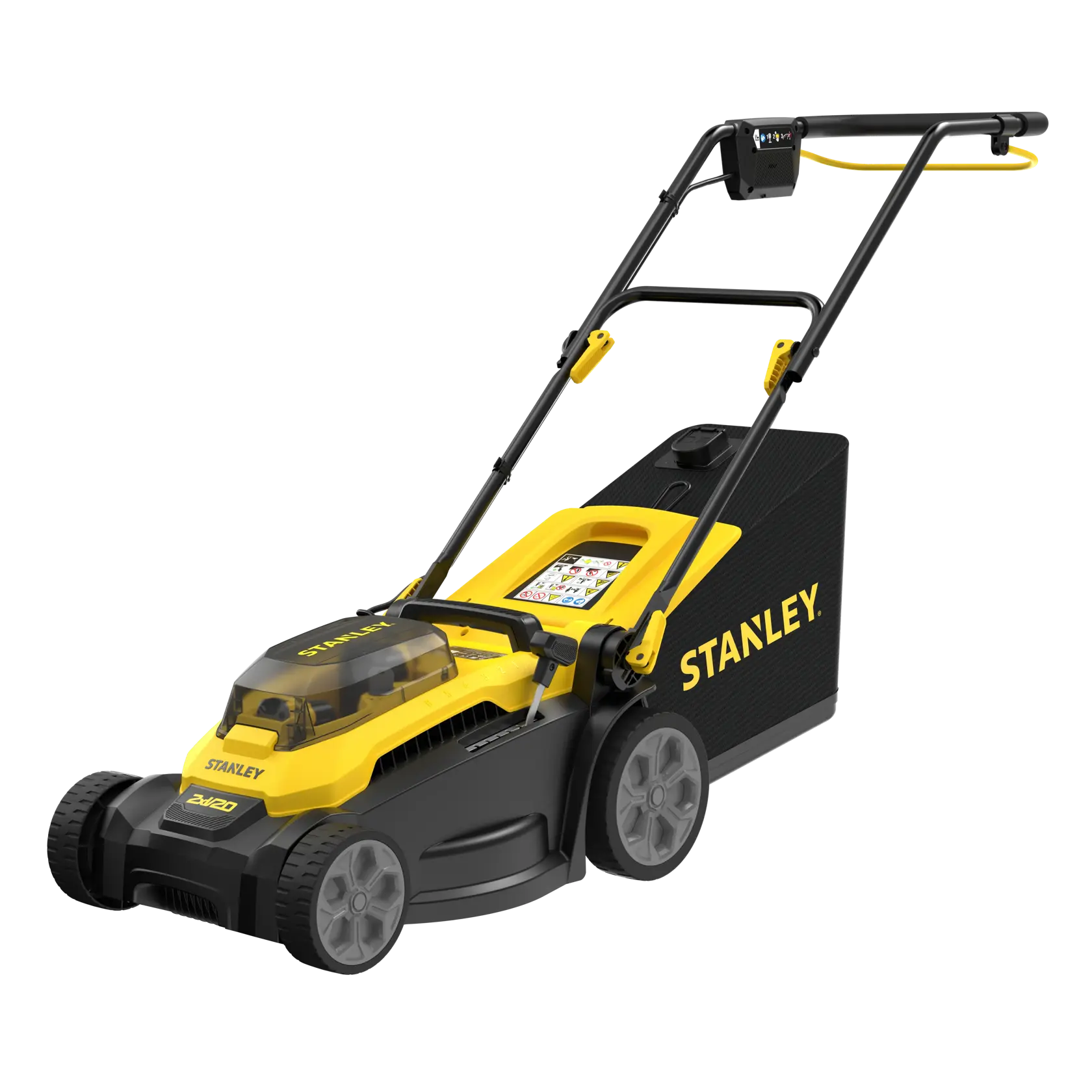 STANLEY SCMWP3701M2 Akku-Rasenmäher Frontansicht, gelb-schwarzes Design, hinterer Grasfangkorb sichtbar.