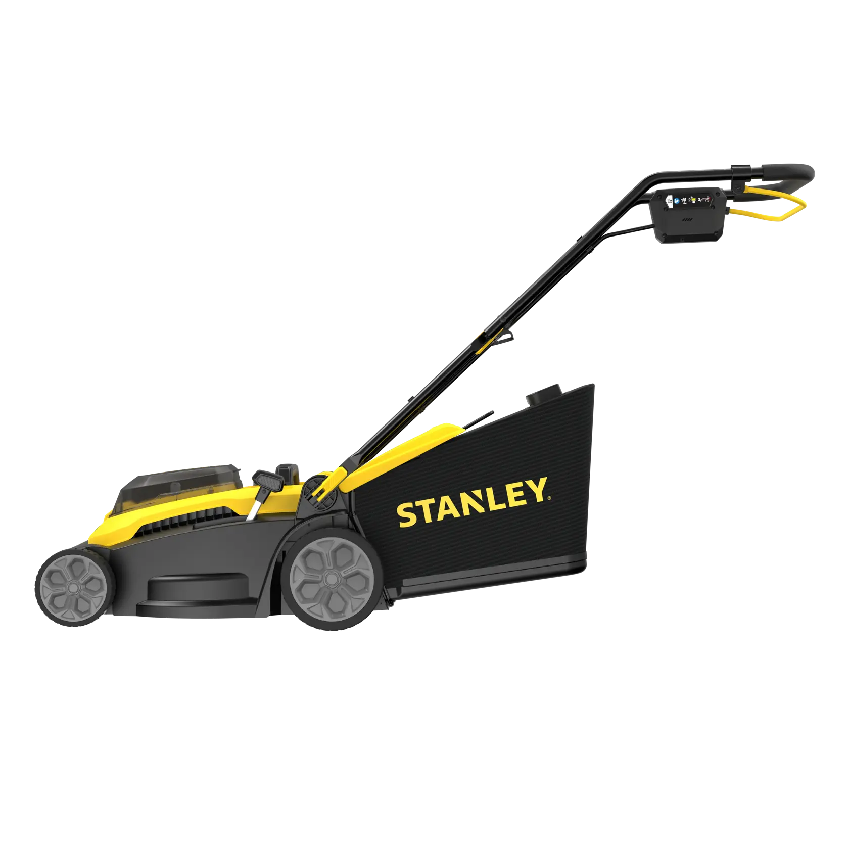 STANLEY SCMWP3701N Elektro-Rasenmäher, schwarz-gelb, Seitenansicht links, mit Grasfangkorb.