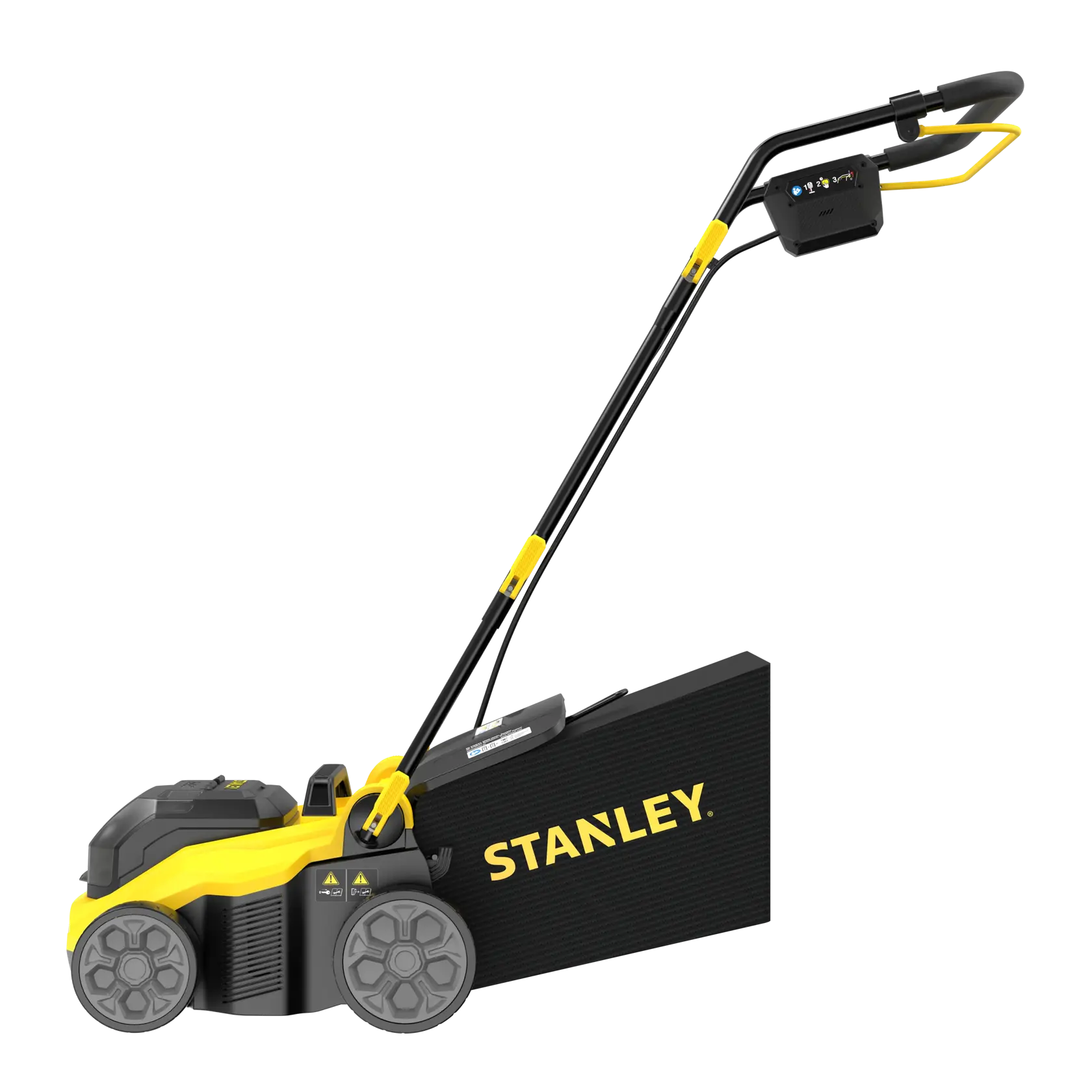 STANLEY SCOEP3801M2 Elektro-Rasenmäher Seitenansicht, gelb und schwarz, mit Grasfangkorb.