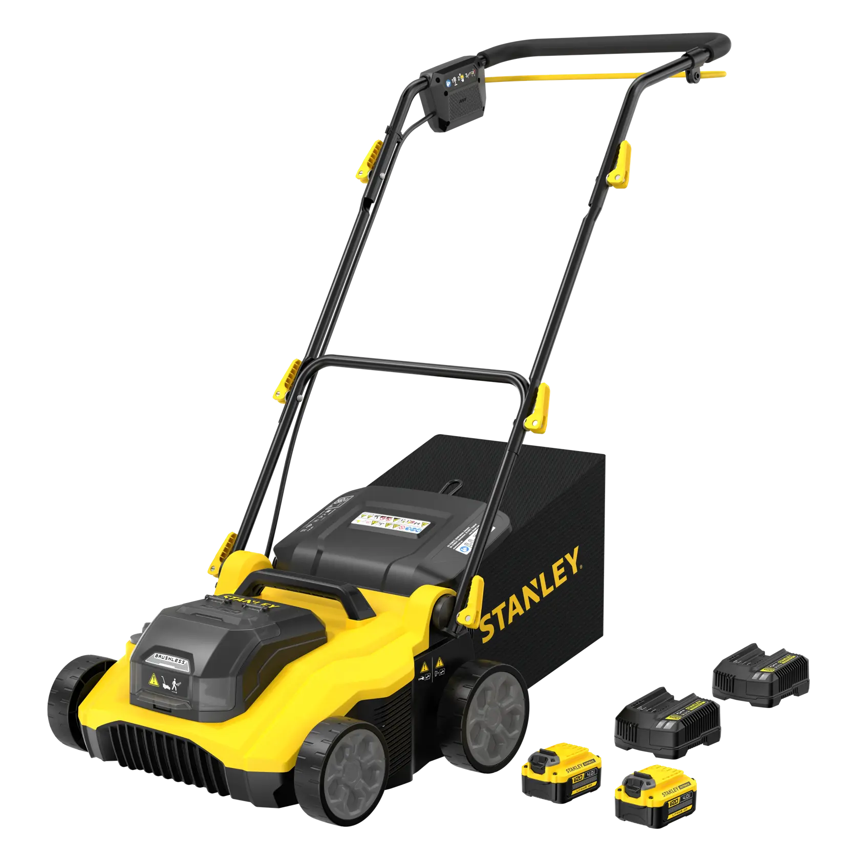 Foto des STANLEY SCOEP3801M2 kabellosen Rasenmähers mit gelb-schwarzem Gehäuse, Batterien und Ladegeräten, Vorderansicht.