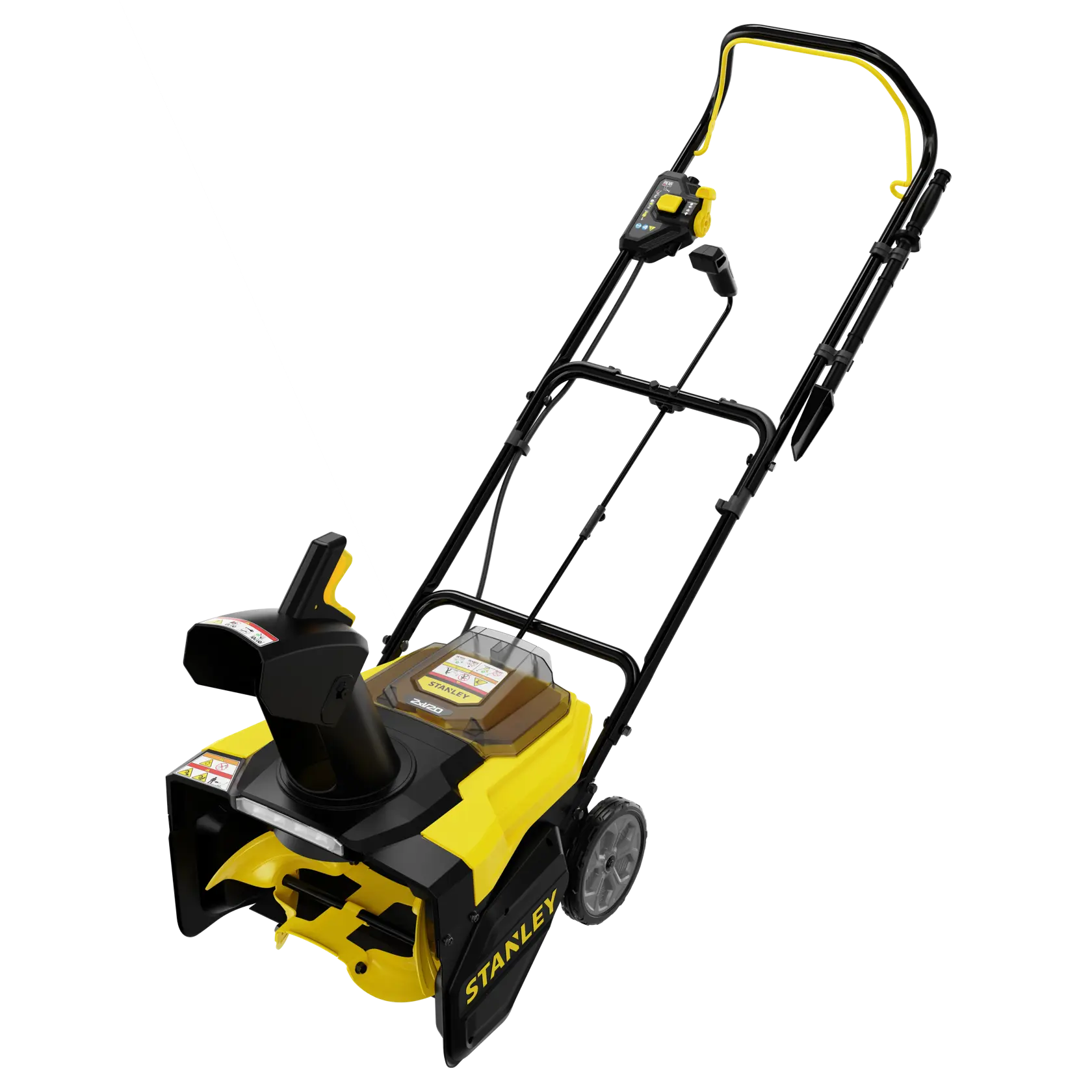 STANLEY SCSNP460R2 kabelloser Schneefräse, gelb und schwarz, Produkt von vorne auf weißem Hintergrund.