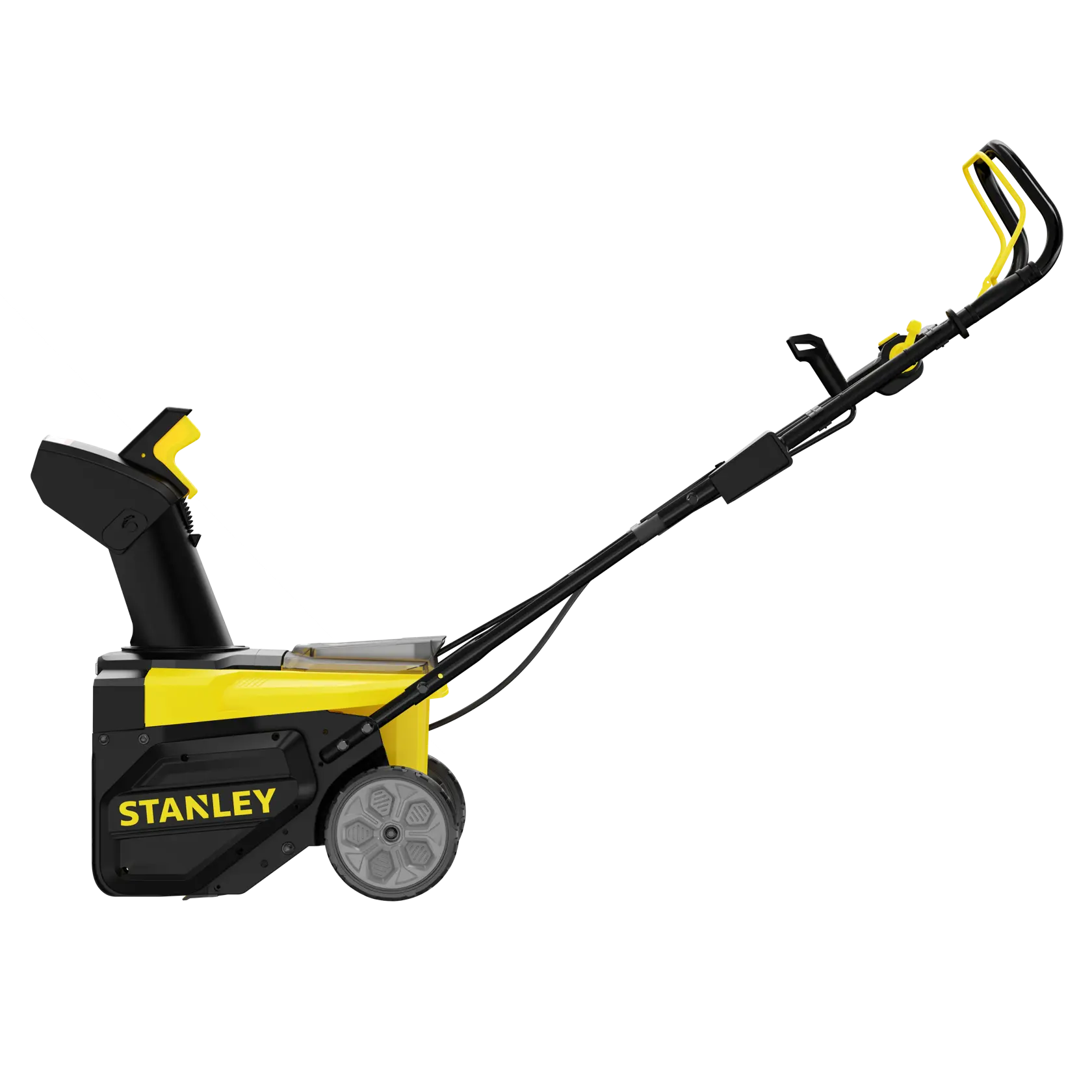 Foto des kabellosen STANLEY SCSNP460R2 Schneefräse, Seitenansicht, gelb und schwarz, große Hinterräder.