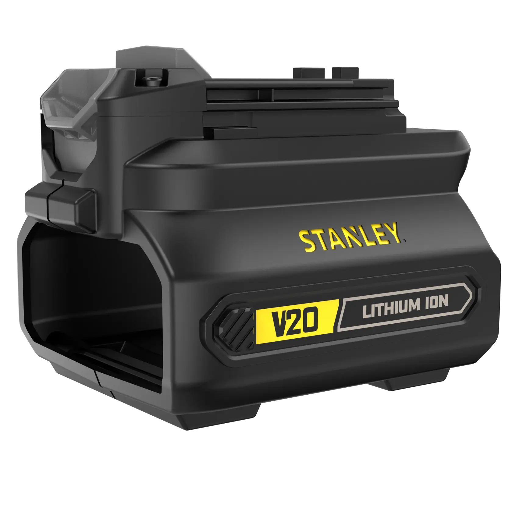Foto des STANLEY SFMCB100 V20 Lithium-Ionen-Akkus, schwarz und gelb, schräge Ansicht auf weißem Hintergrund.