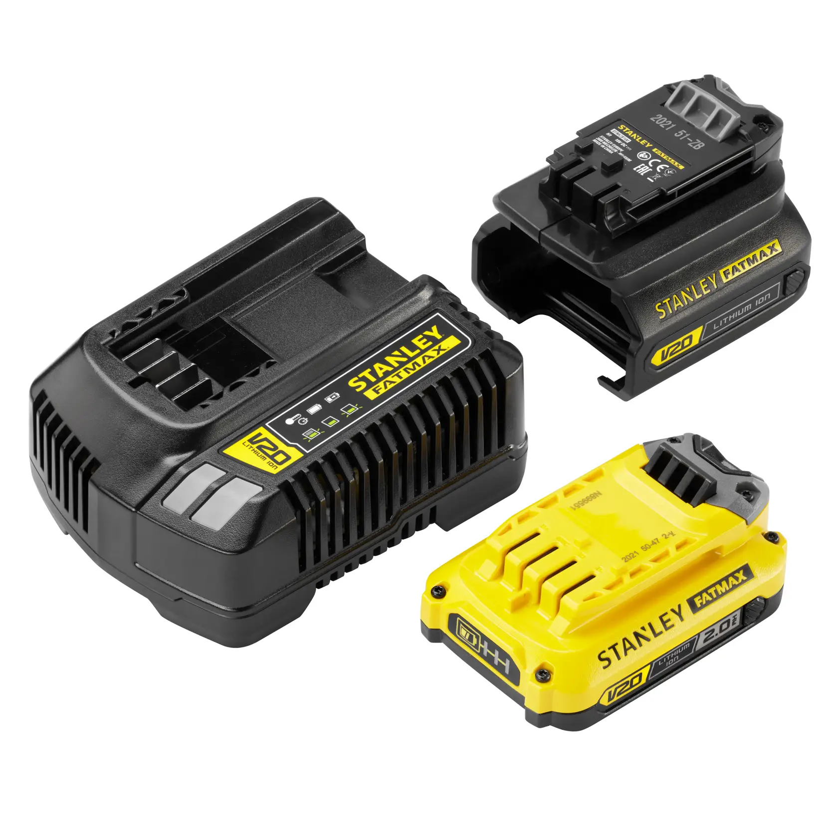 Foto von STANLEY SFMCB121D1 V20 Akku-Ladegerät und Akku-Set, schwarz und gelb, Produktansicht.