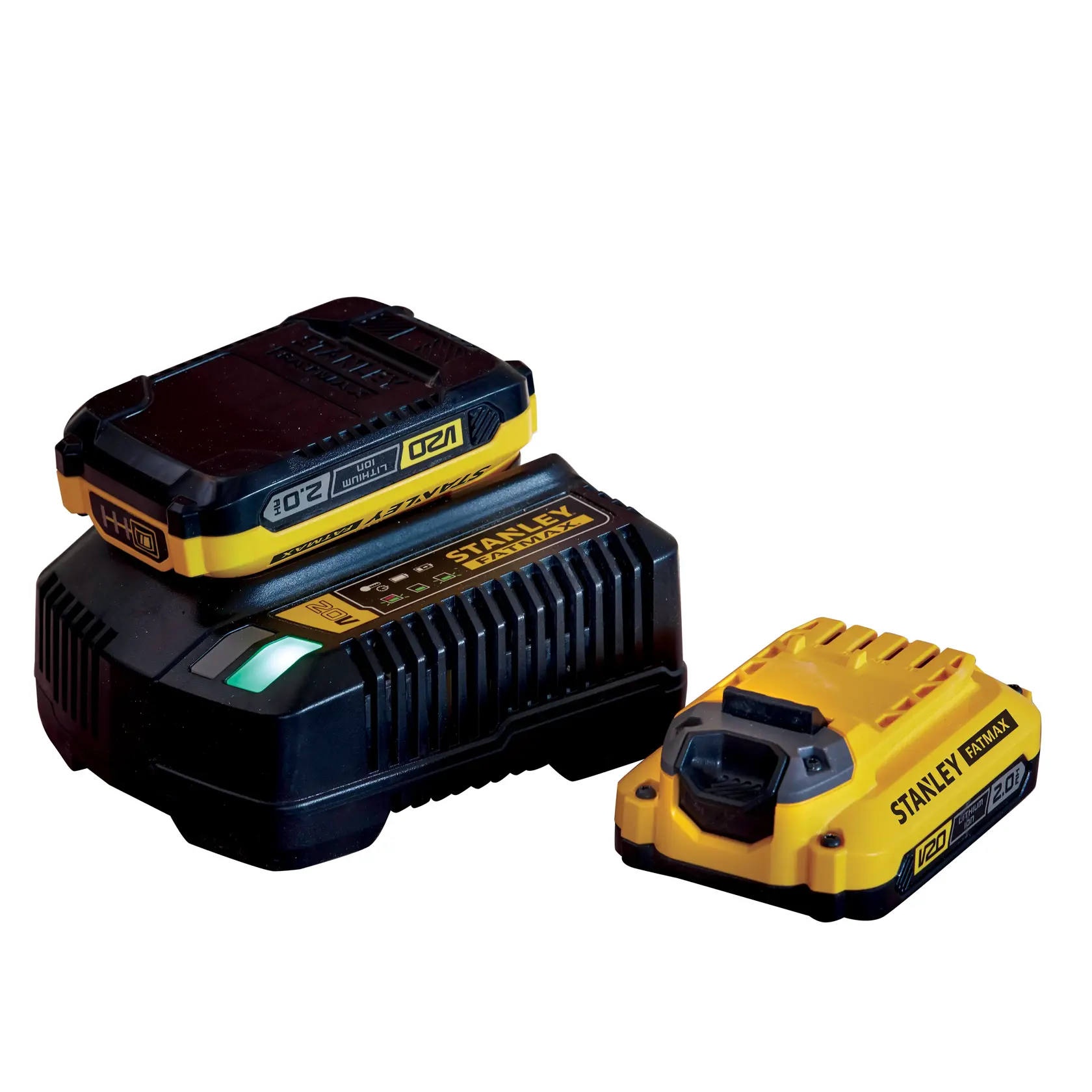 Stanley Fatmax V20 Akku und Ladegerät in Schwarz-Gelb, passend für Fotoausrüstung.