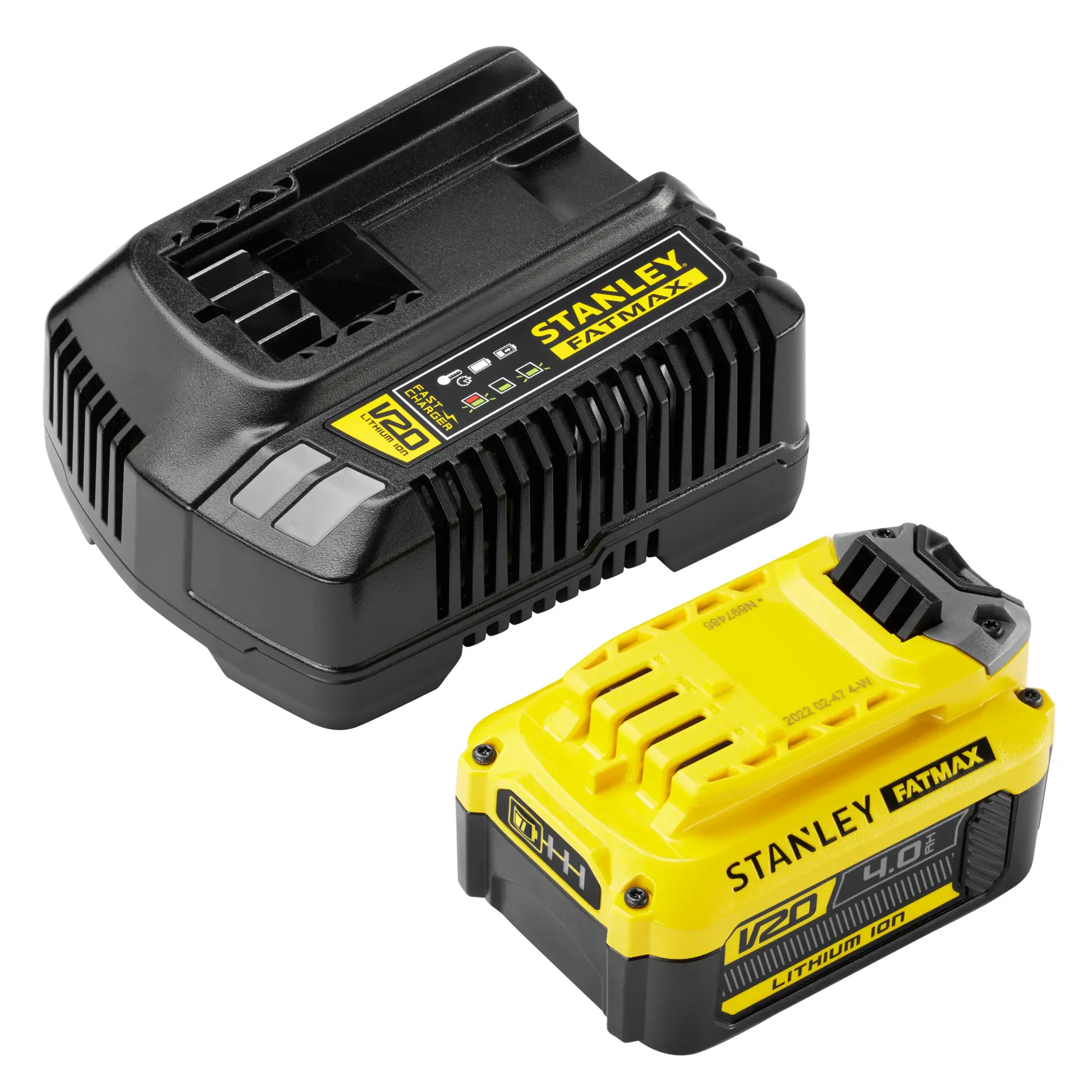 STANLEY SFMCB14M1 V20 FatMax Akku- und Ladegerät-Set, schwarz und gelb, schräges Produktfoto vor weißem Hintergrund.