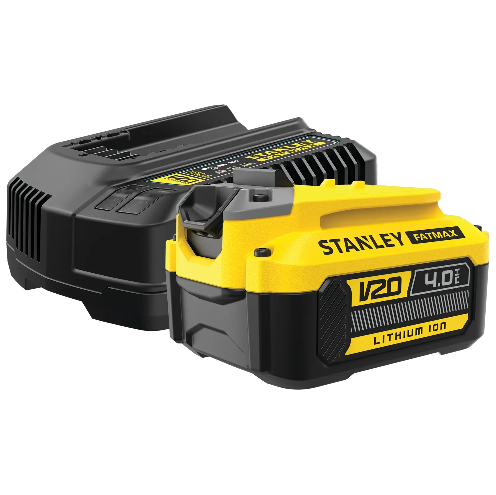 STANLEY SFMCB14M1 V20 4,0Ah Lithium-Ionen-Akku und Ladegerät, Produktfotografie, schräge Ansicht.