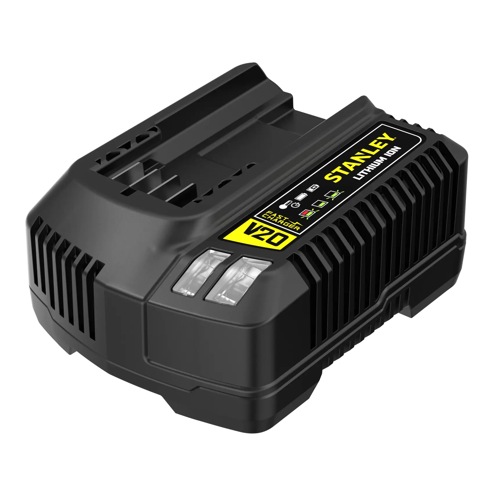 STANLEY SFMCB14 Akku-Ladegerät, schwarz, V20 Lithium-Ion, Winkelaufnahme auf weißem Hintergrund.