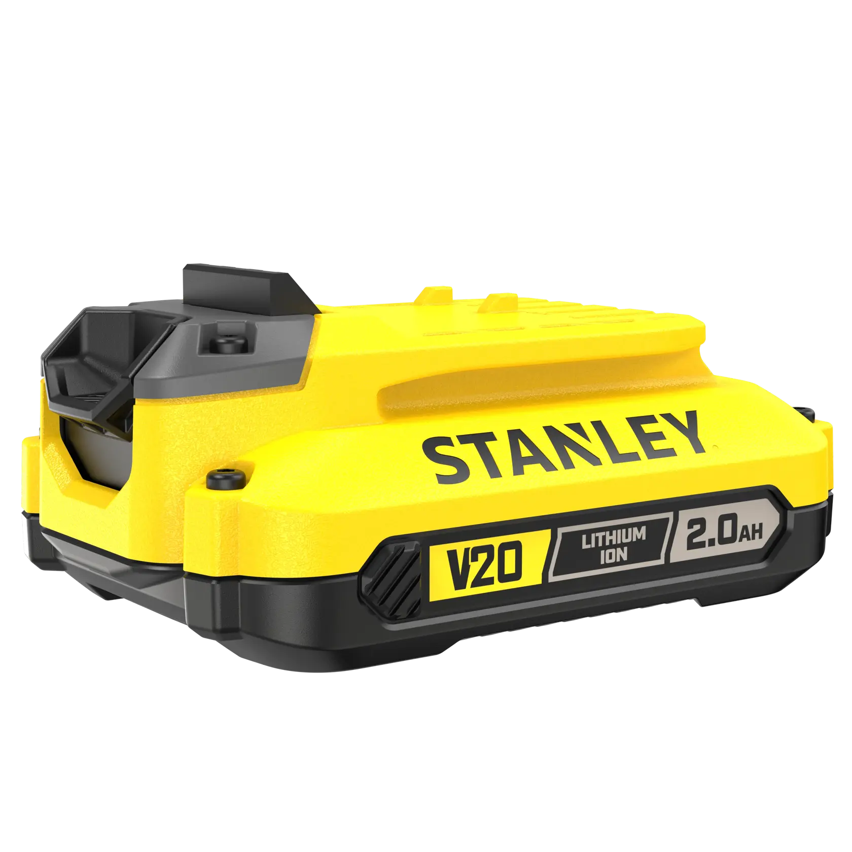 STANLEY SFMCB202 V20 FATMAX 2,0Ah Lithium-Ionen-Akku, Seitenansicht, gelbes und schwarzes Gehäuse.