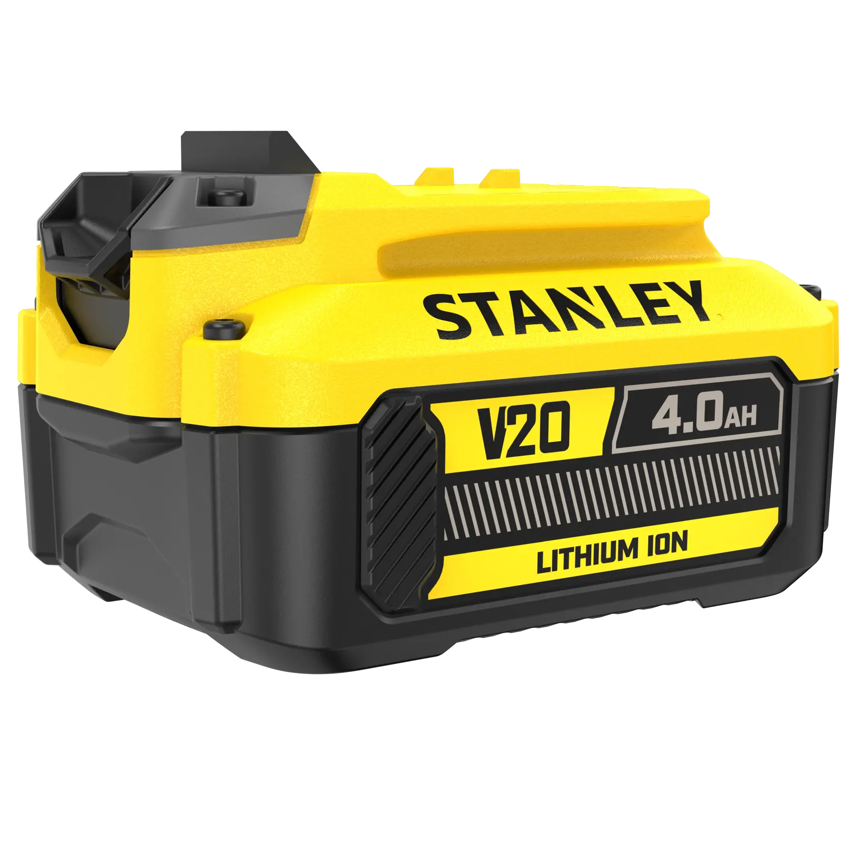 Fotografie des STANLEY SFMCB204 V20 Fatmax 4.0Ah Lithium-Ionen-Akkus, schräge Ansicht auf weißem Hintergrund.