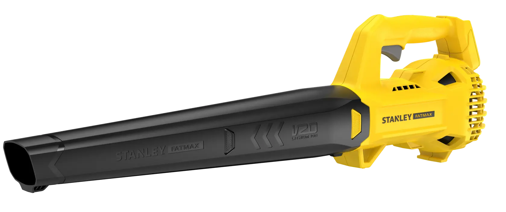 STANLEY SFMCBL714B-XJ Akku-Laubbläser, gelb und schwarz, Seitenansicht auf weißem Hintergrund.