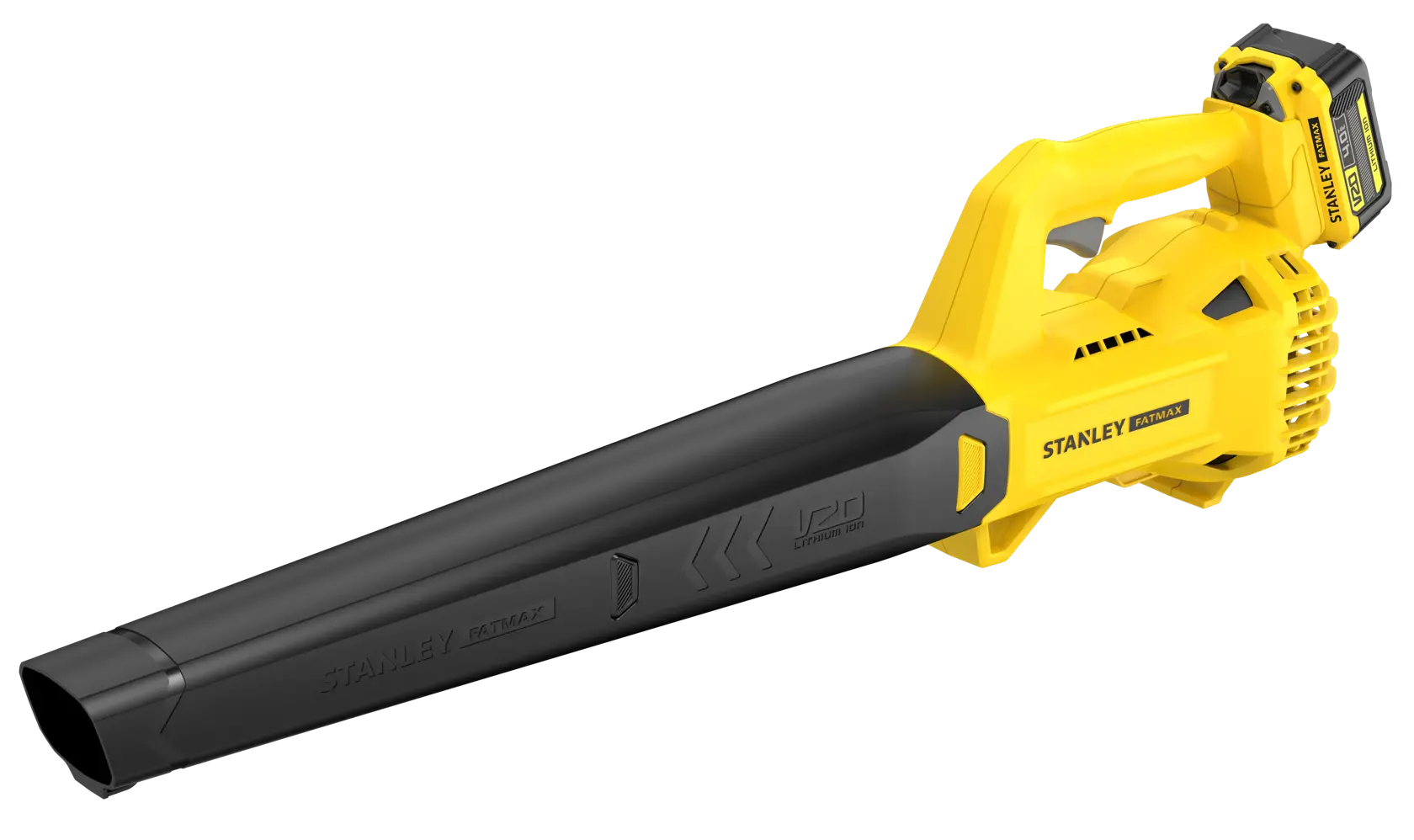 STANLEY SFMCBL714M1 Akku-Laubbläser, gelb und schwarz, Seitenansicht auf weißem Hintergrund.