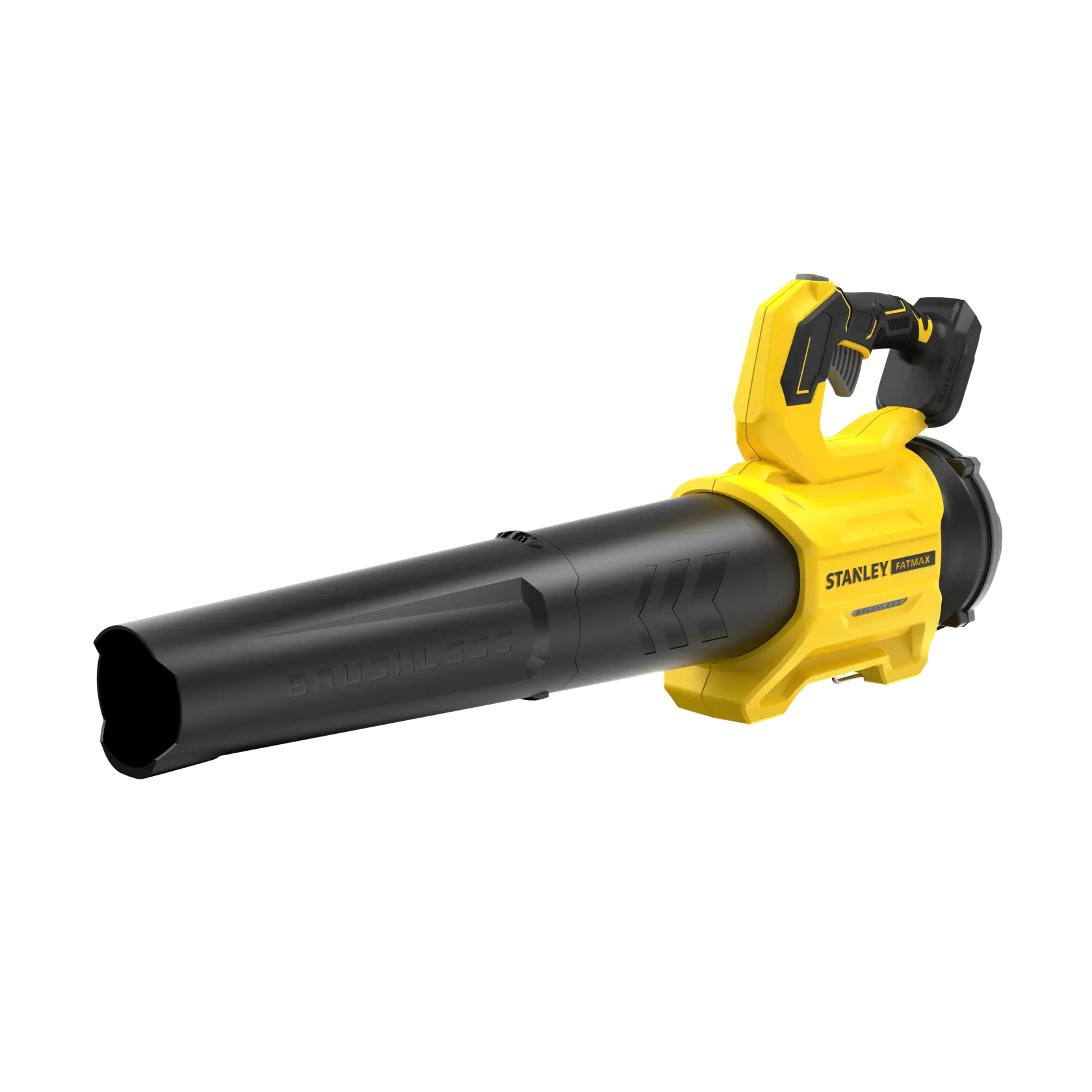 Photo of STANLEY SFMCBL730B cordless leaf blower, yellow and black, side angle, on white background.