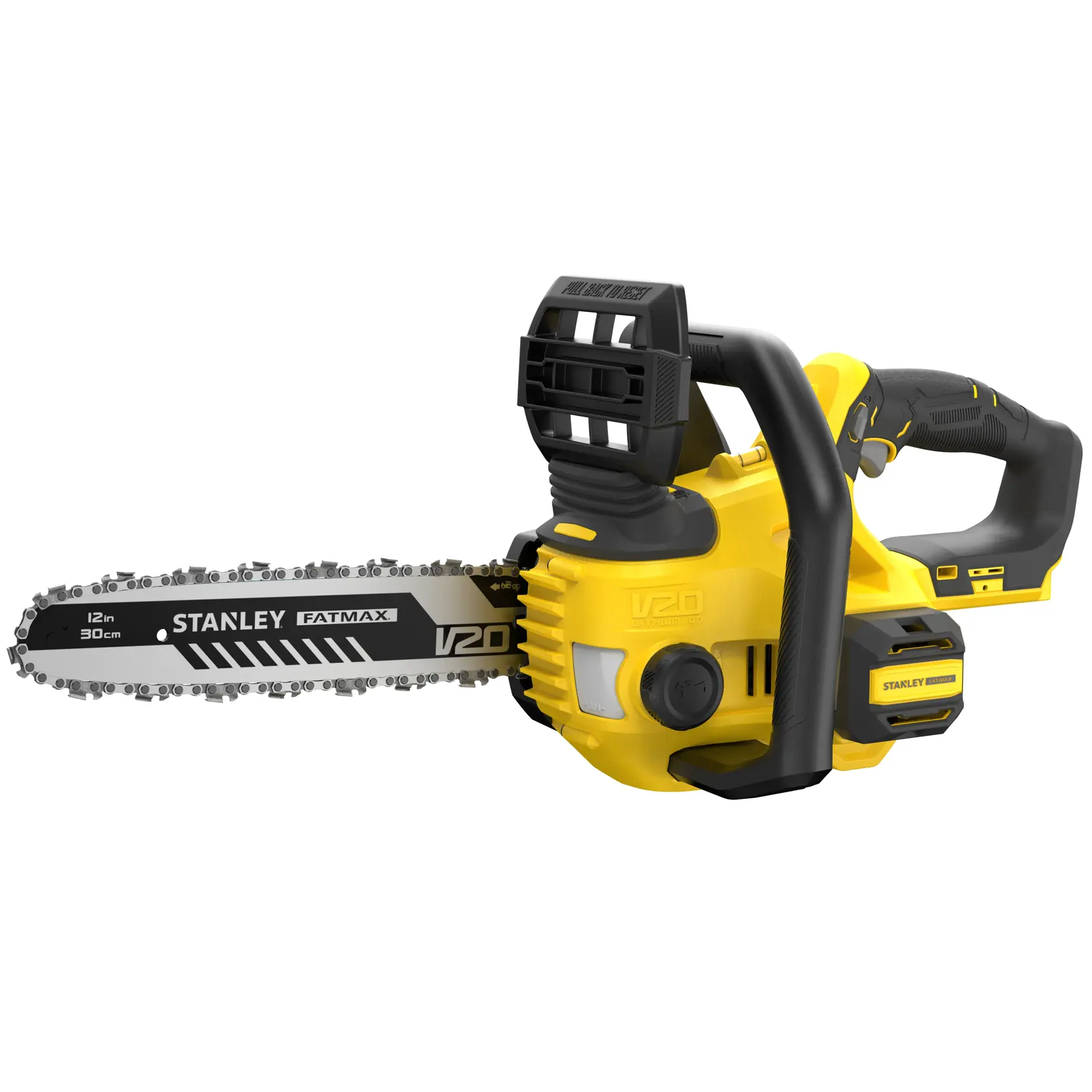 STANLEY SFMCCS630B Akku-Kettensäge in Gelb und Schwarz, 30 cm Schiene, Produkt seitlich auf weißem Hintergrund.