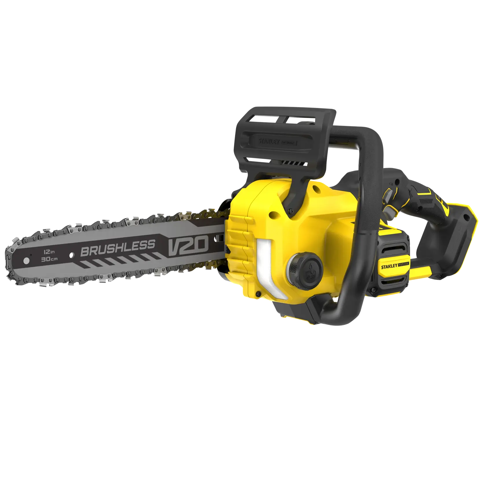 Foto der kabellosen gelb-schwarzen STANLEY SFMCCS730B Kettensäge, schräge Ansicht, V20-Serie.