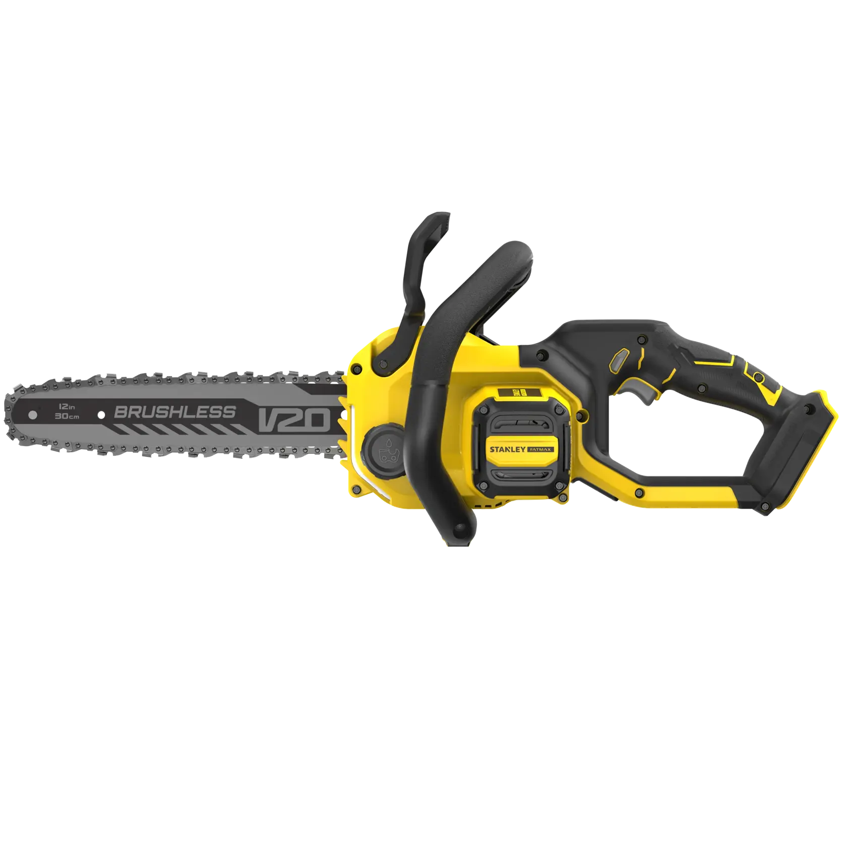 STANLEY SFMCCS730B Kettensäge, V20 brushless, gelb-schwarzes Gehäuse, Seitenansicht auf weißem Hintergrund.