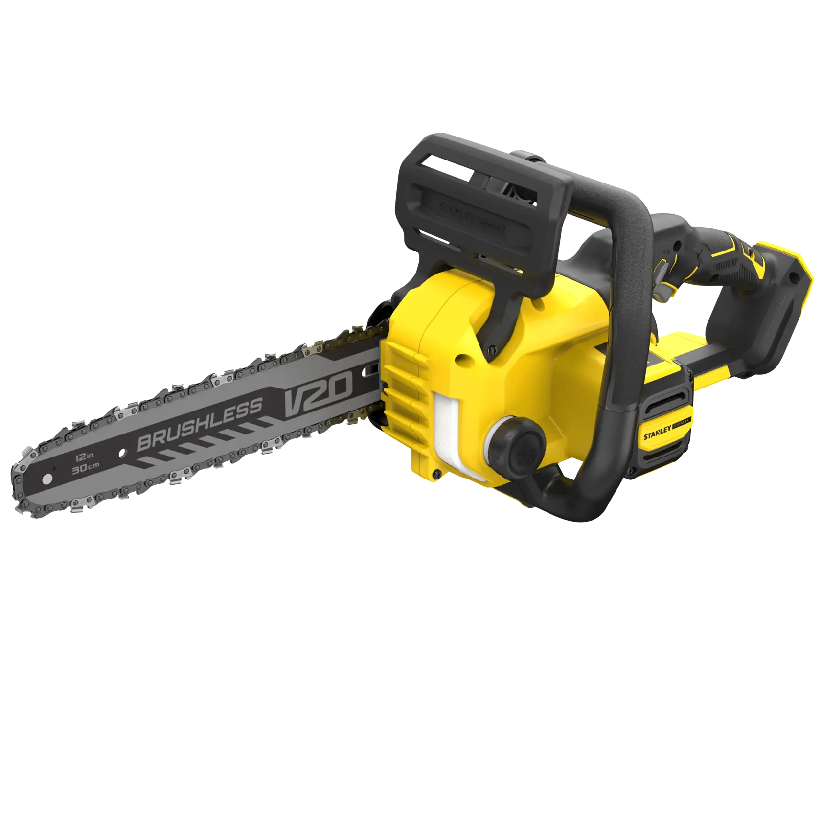Foto der STANLEY SFMCCS730B Akku-Brushless-Kettensäge, gelb und schwarz, V20, 30 cm Schiene, Vorderansicht auf Weiß.